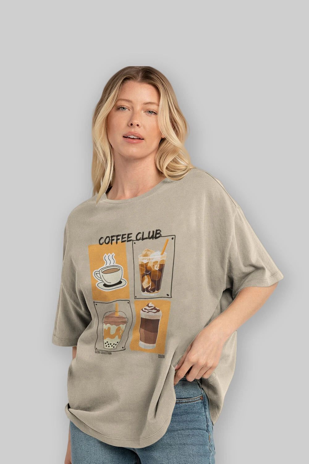 Coffee Club ön Baskılı Oversize t-shirt Erkek Kadın %100 Pamuk Bisiklet Yaka tişort
