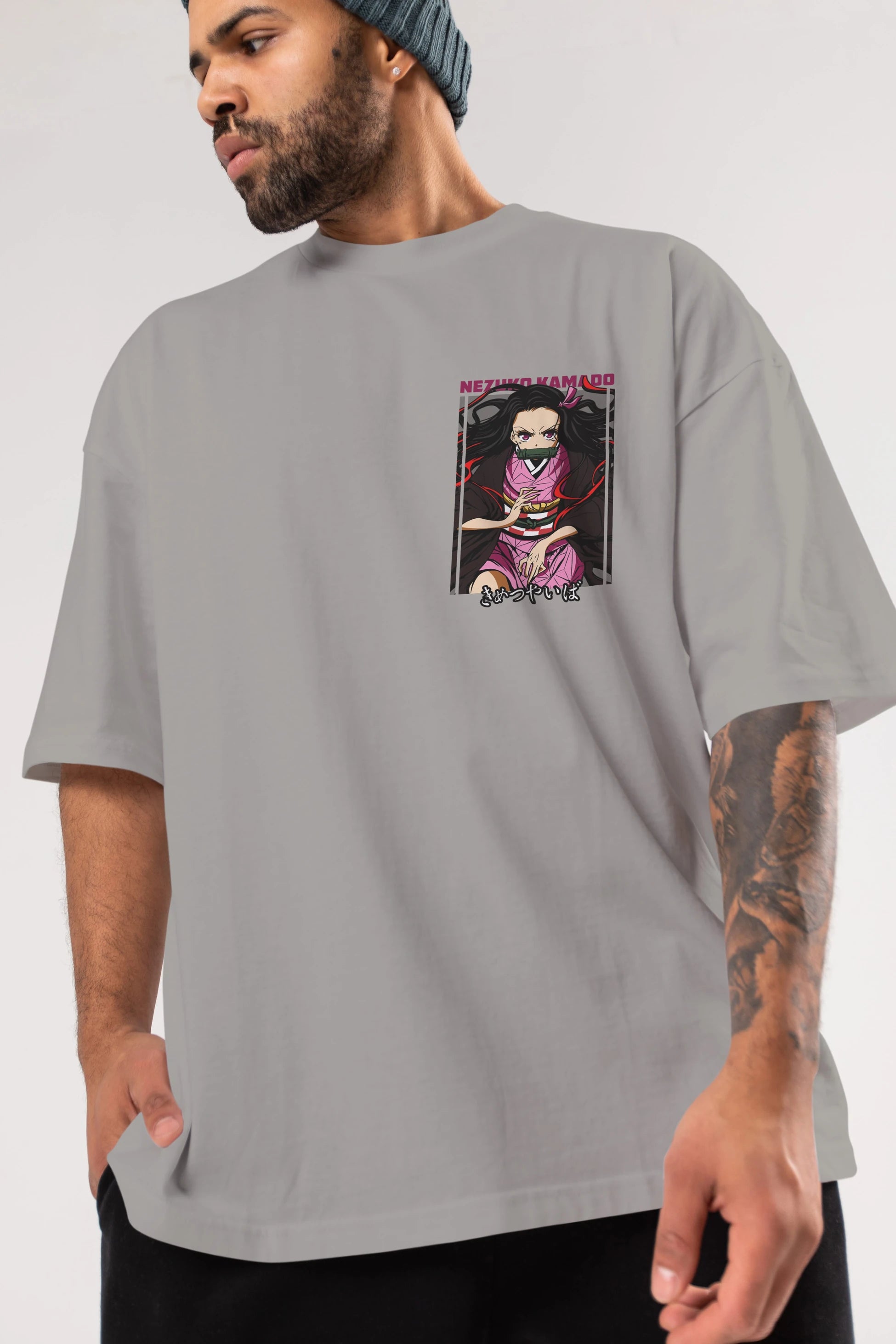Nezuko Kamado 1 Ön Sol Baskılı Oversize t-shirt Erkek Kadın Unisex %100 Pamuk Bisiklet Yaka tişort