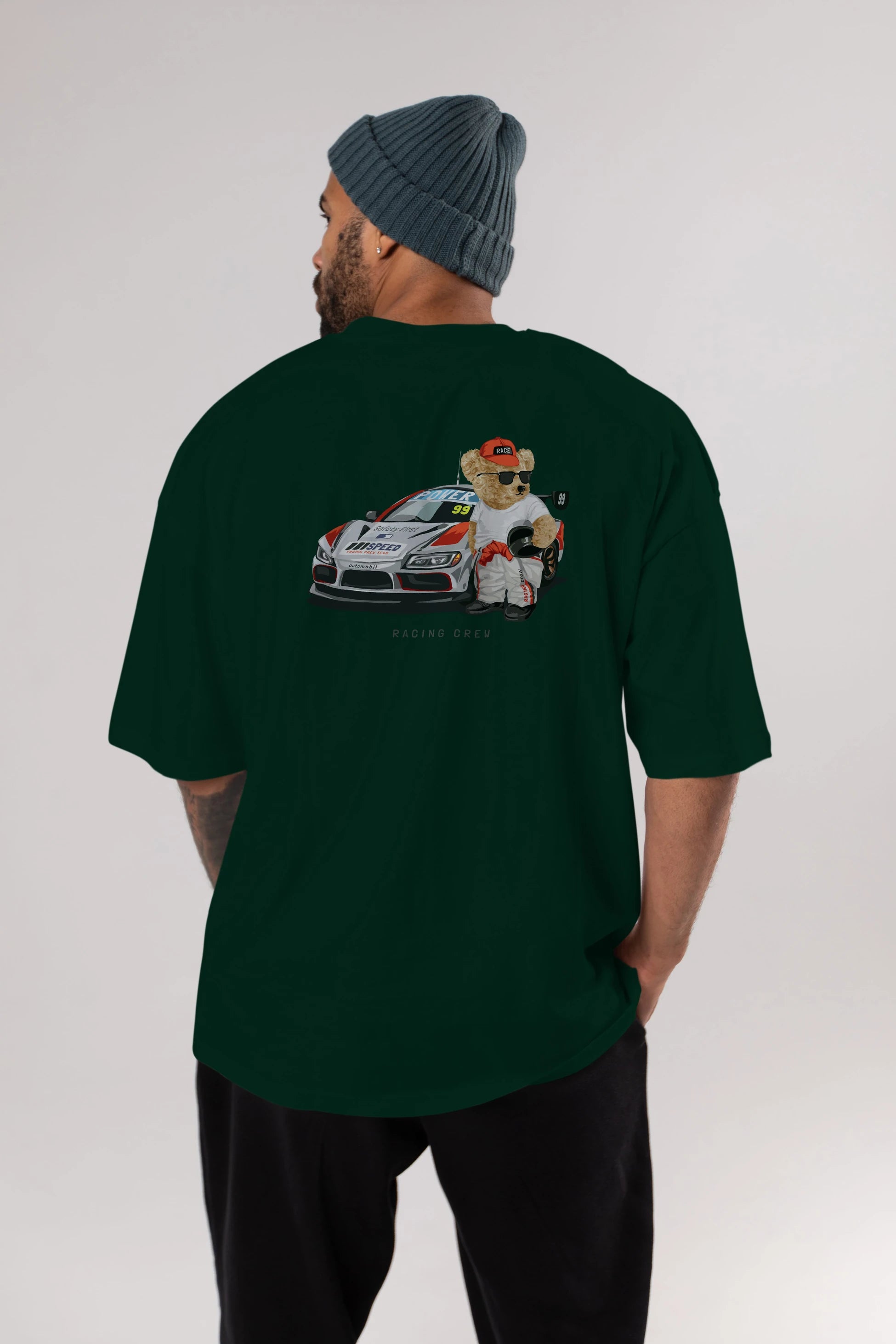 Teddy Bear Racing Crew Arka Baskılı Oversize t-shirt Erkek Kadın Unisex %100 Pamuk