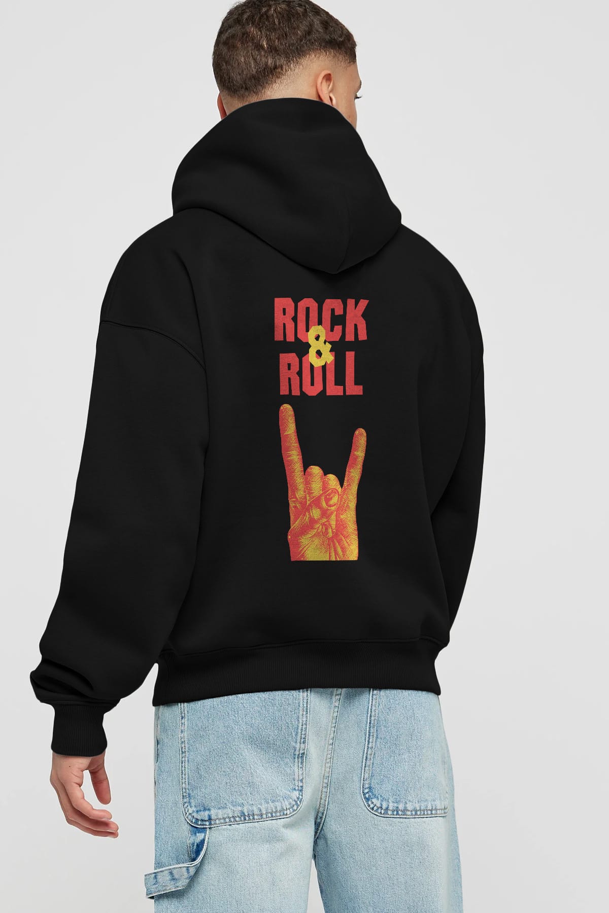 Rock & Roll Yazılı Arka Baskılı Oversize Hoodie Kapüşonlu Sweatshirt Erkek Kadın Unisex