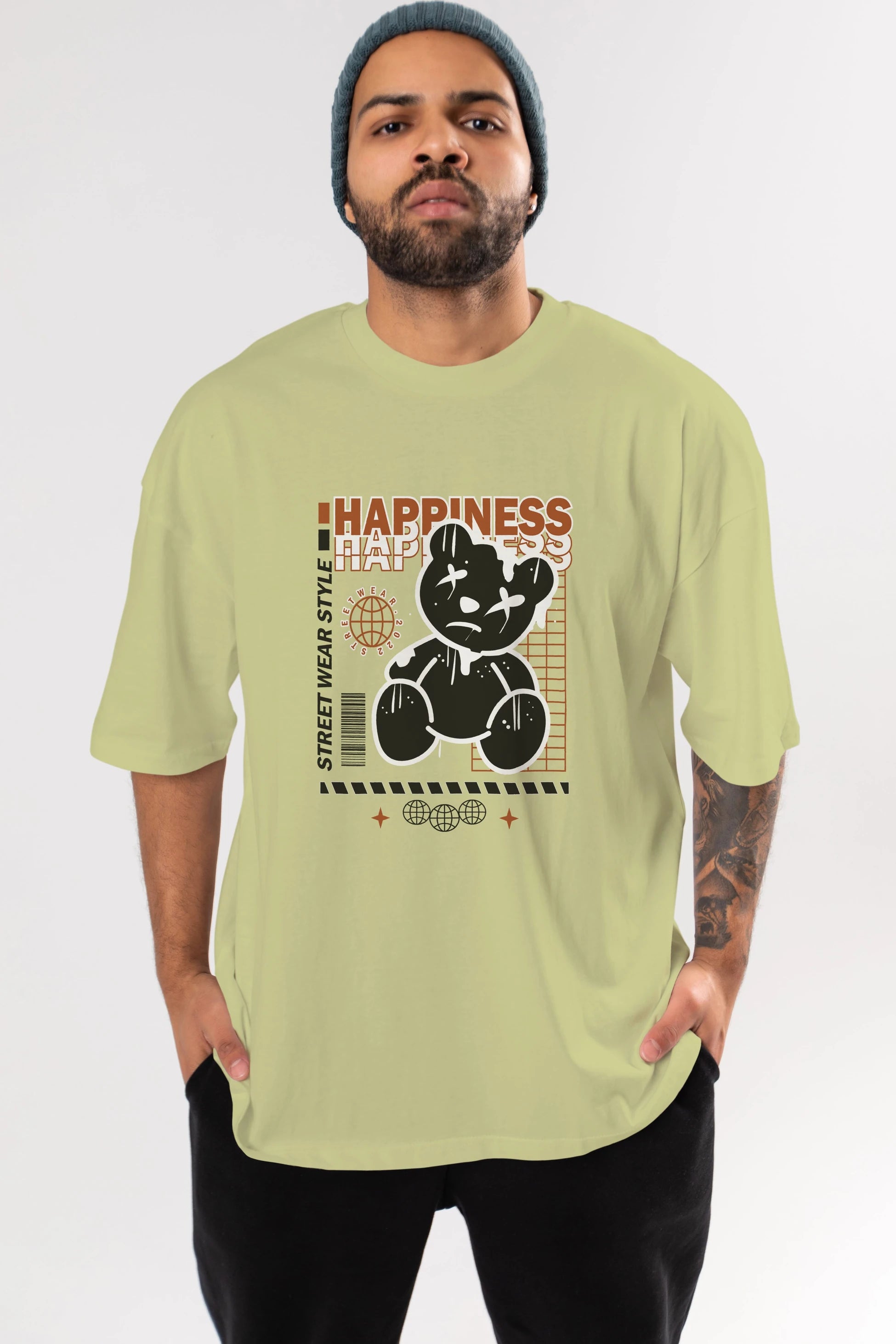 Happiness Bear 2 Ön Baskılı Oversize t-shirt Erkek Kadın Unisex