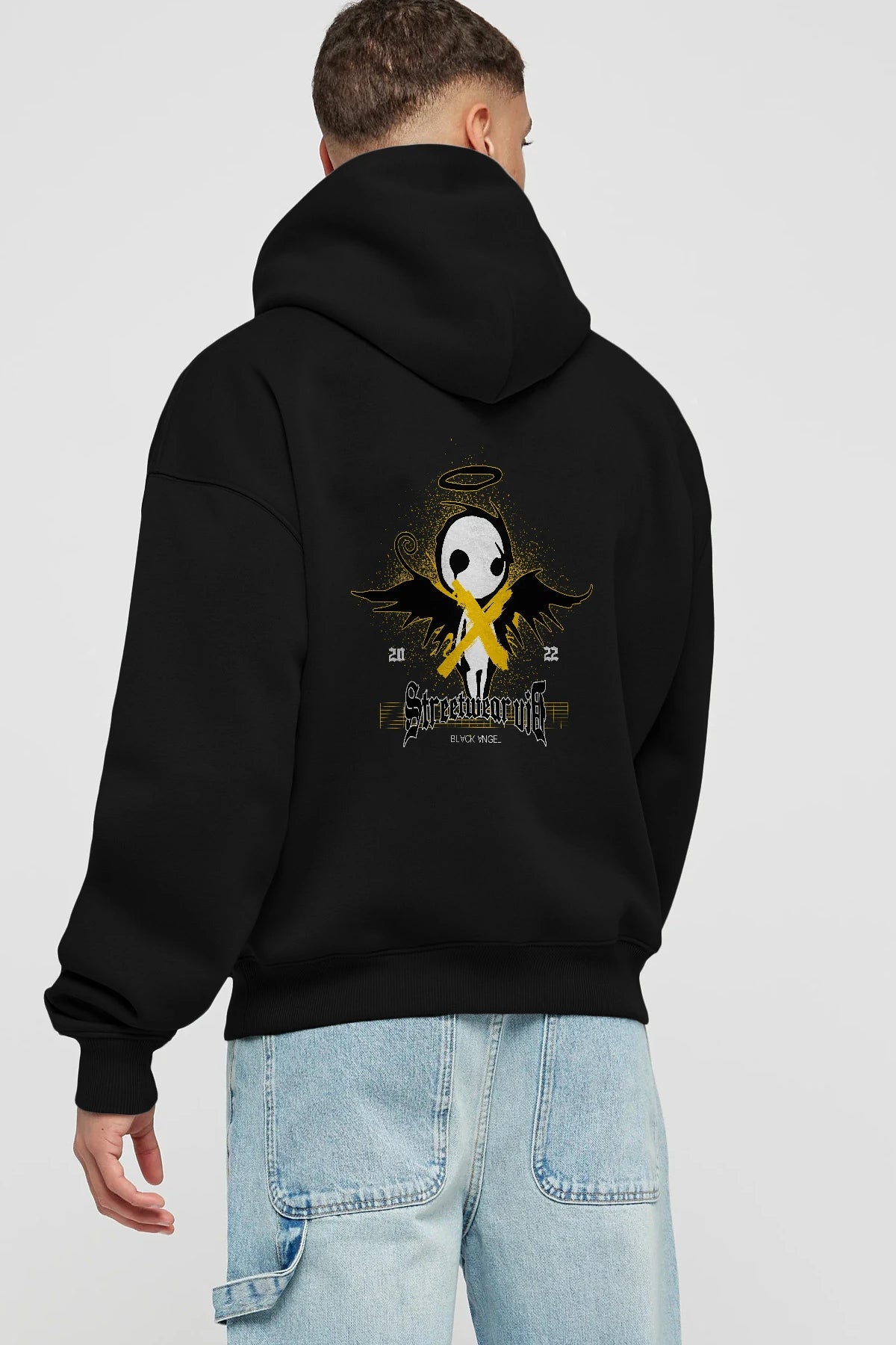 Black Angel Arka Baskılı Hoodie Oversize Kapüşonlu Sweatshirt Erkek Kadın Unisex