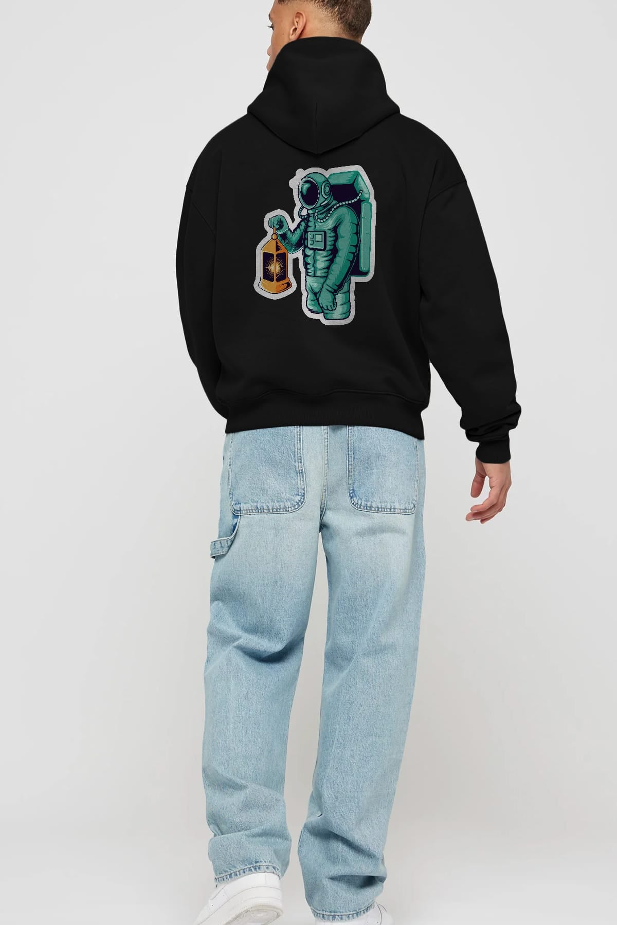 Astronaut Lantern Sticker Arka Baskılı Hoodie Oversize Kapüşonlu Sweatshirt Erkek Kadın Unisex
