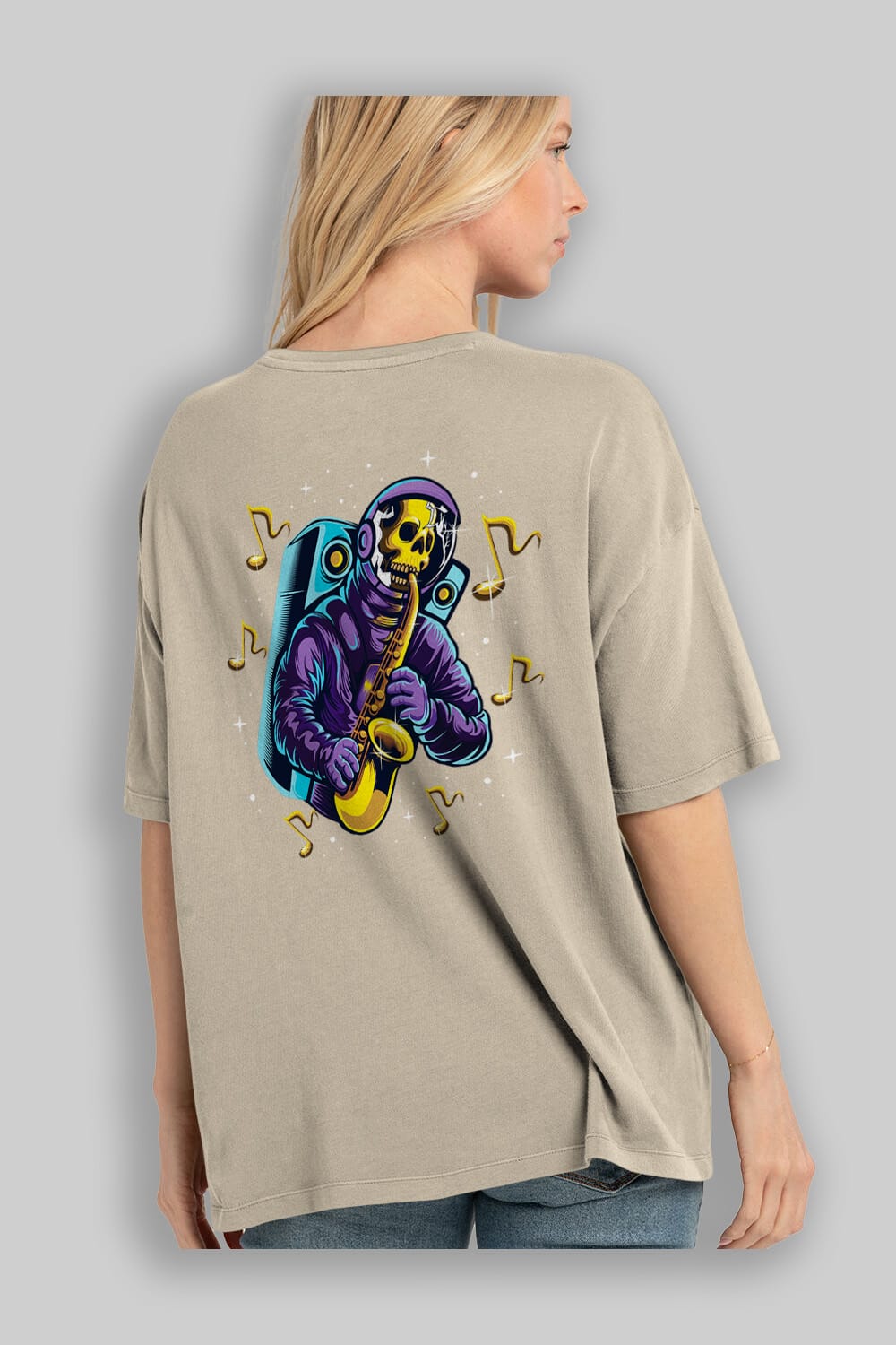 Astroskull Saxophonist Arka Baskılı Oversize t-shirt Erkek Kadın Unisex