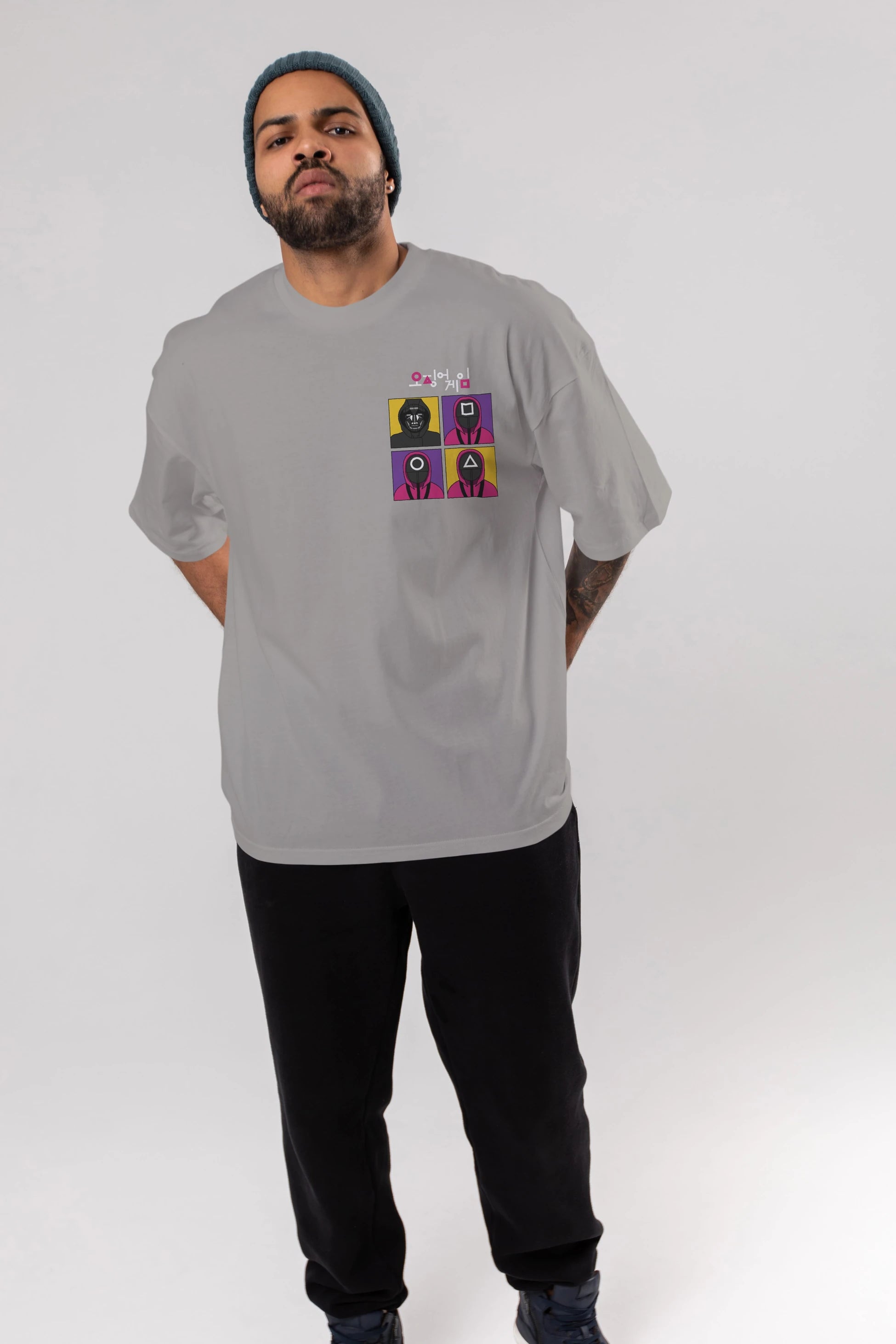 Squid Game (1) Ön Sol Baskılı Oversize t-shirt Erkek Kadın Unisex %100 Pamuk Bisiklet Yaka tişort