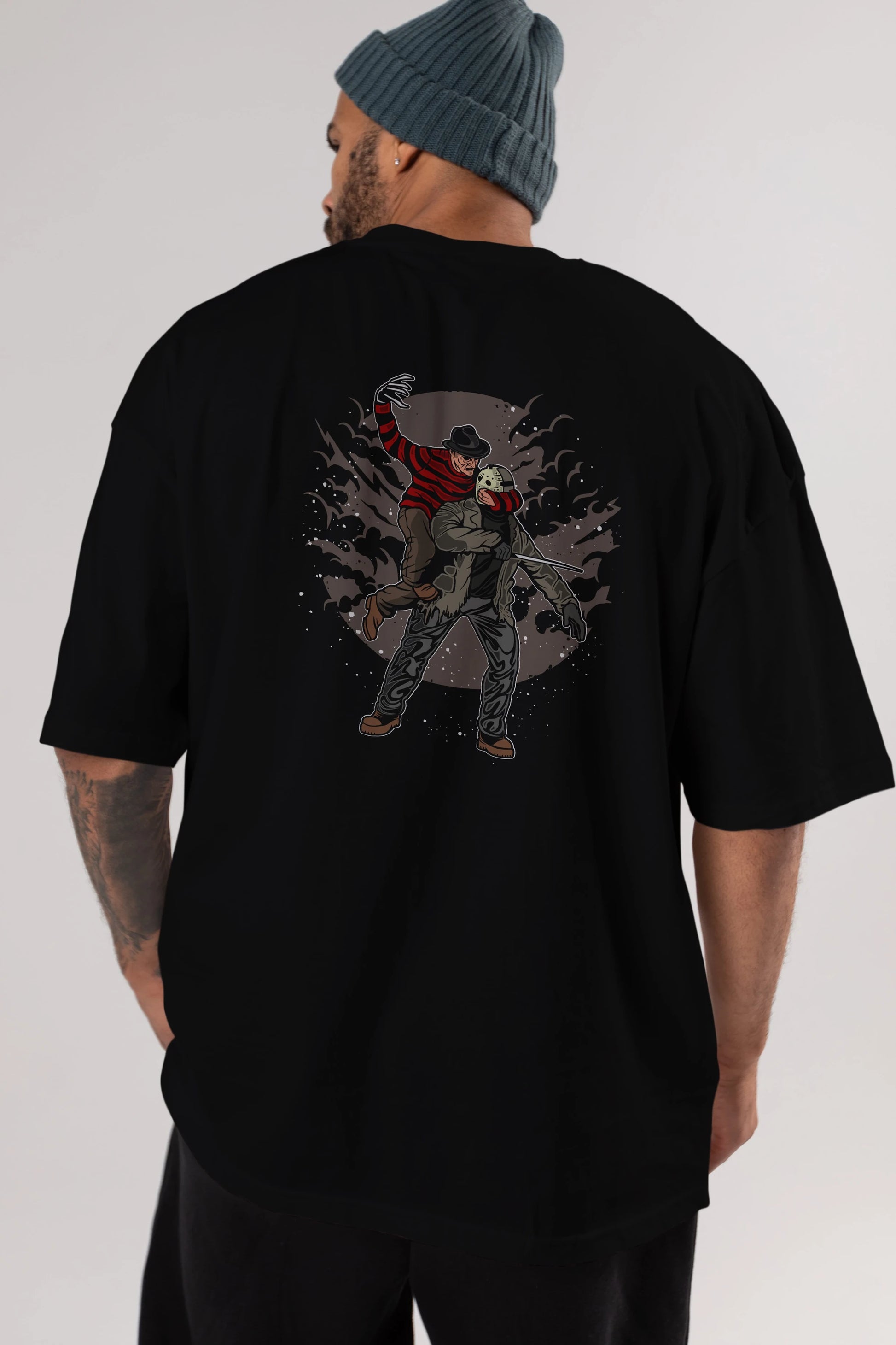 FREDDY VS JASON Arka Baskılı Oversize t-shirt Erkek Kadın Unisex %100 Pamuk
