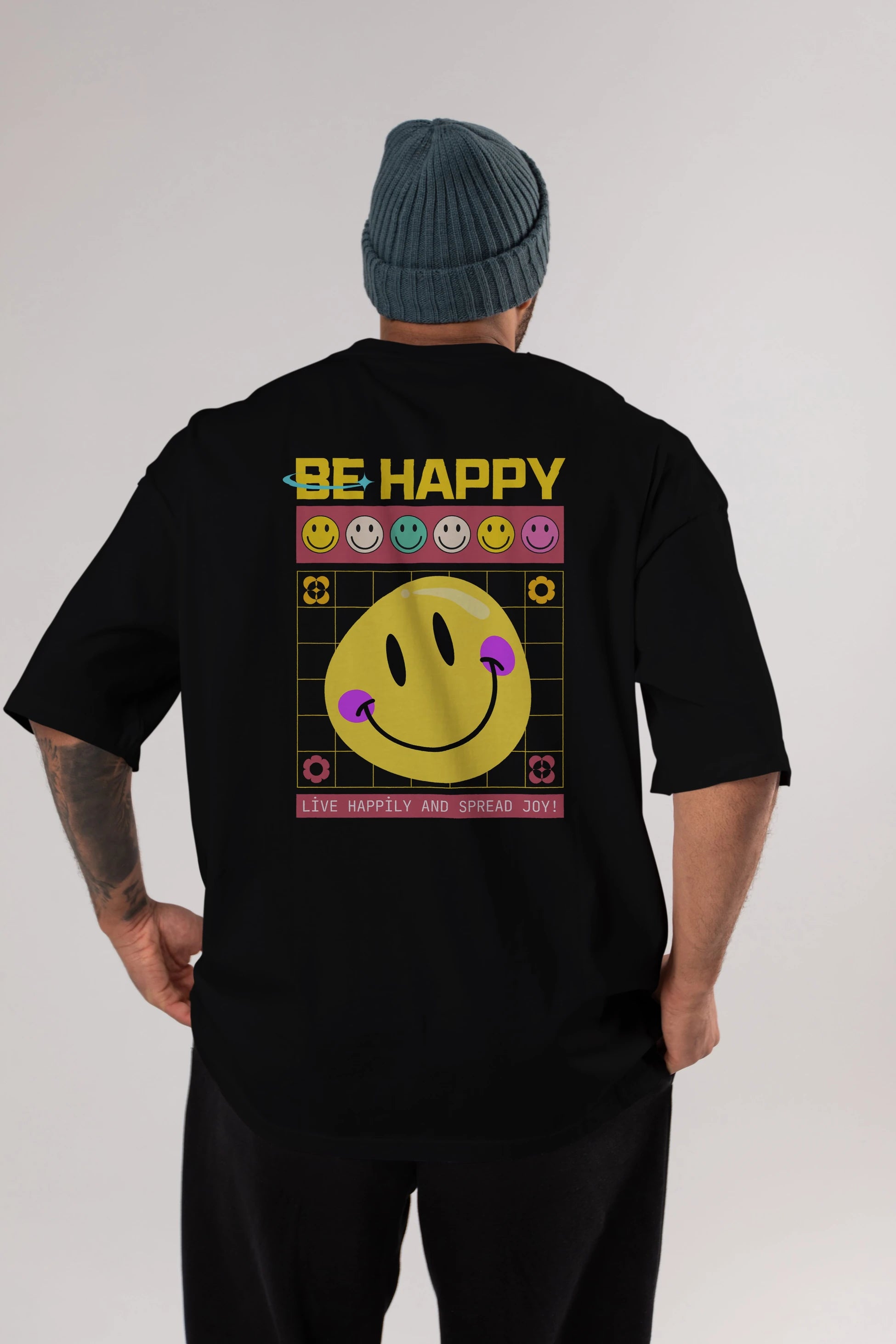 Be Happy Yazılı Arka Baskılı Oversize t-shirt Erkek Kadın Unisex