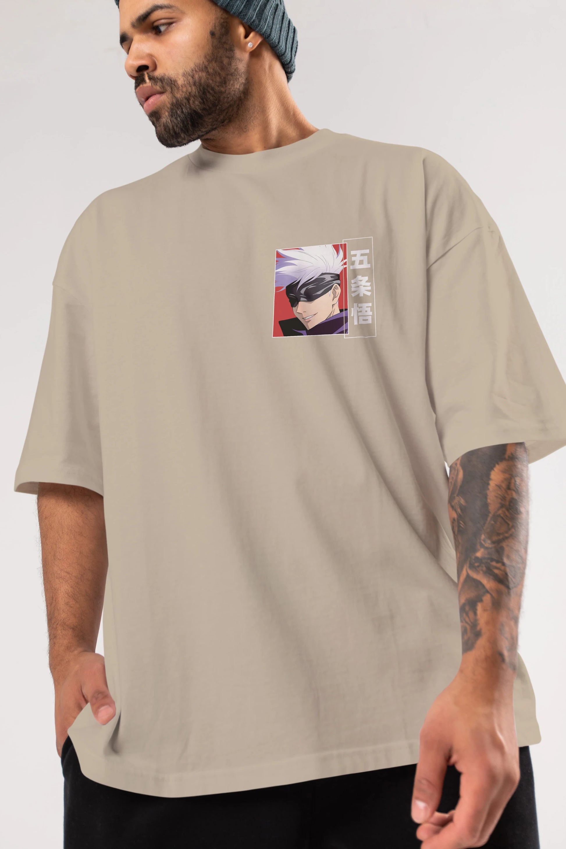 SATORU GOJO Ön Sol Baskılı Oversize t-shirt Erkek Kadın Unisex %100 Pamuk Bisiklet Yaka tişort