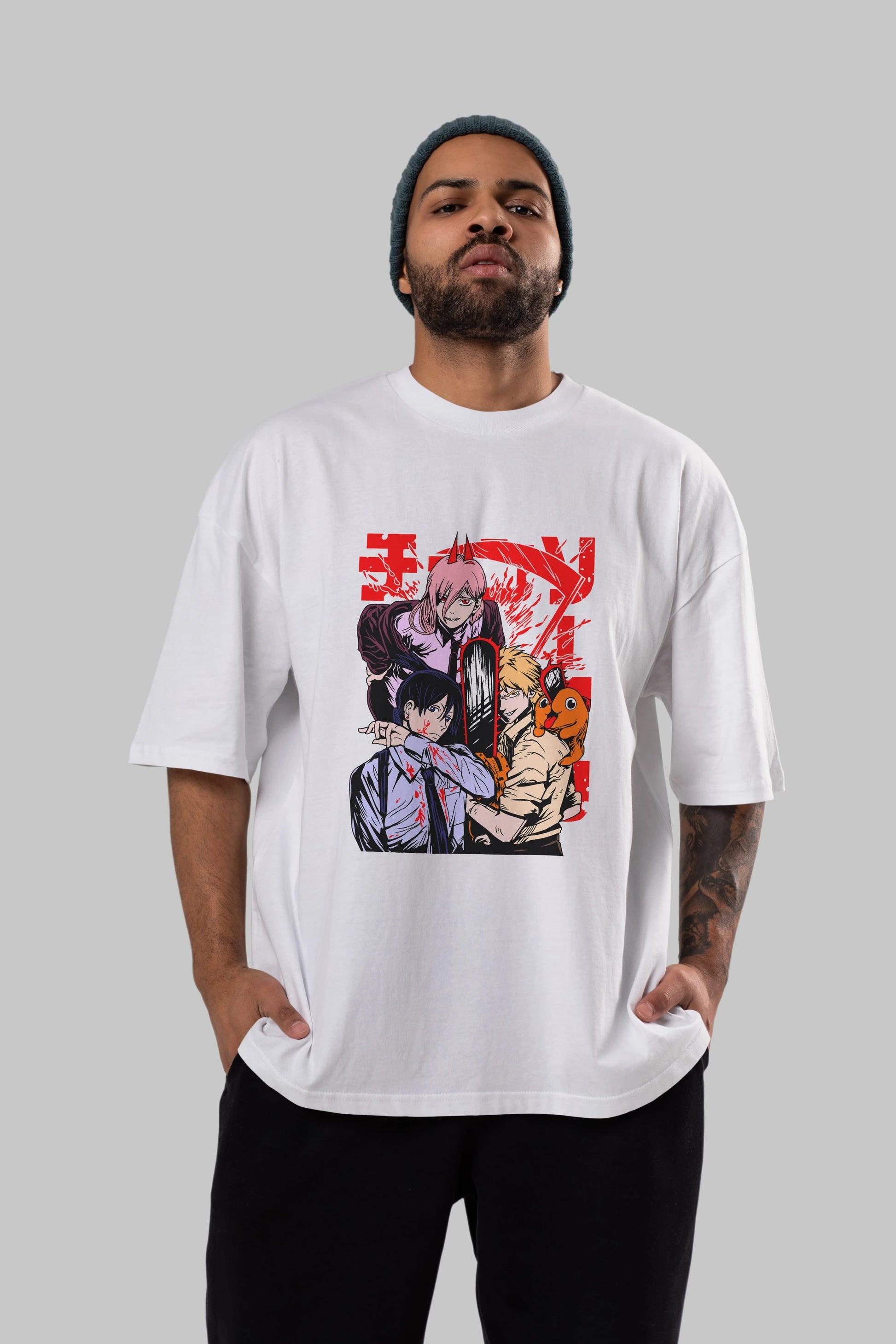 CHAINSAWMAN CREW Anime Ön Baskılı Oversize t-shirt %100 pamuk Erkek Kadın Unisex