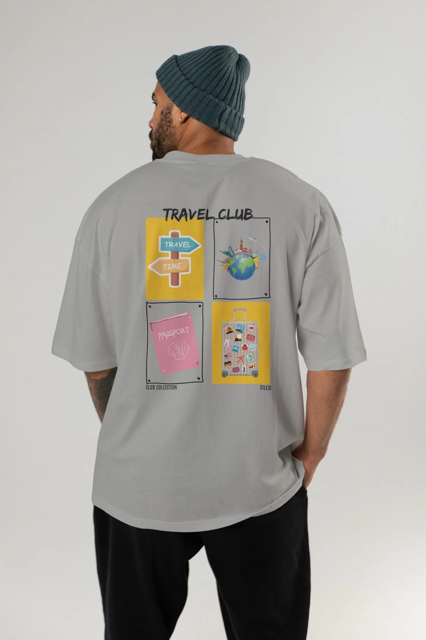 Travel Club Arka Baskılı Oversize t-shirt Erkek Kadın %100 Pamuk Bisiklet Yaka tişort