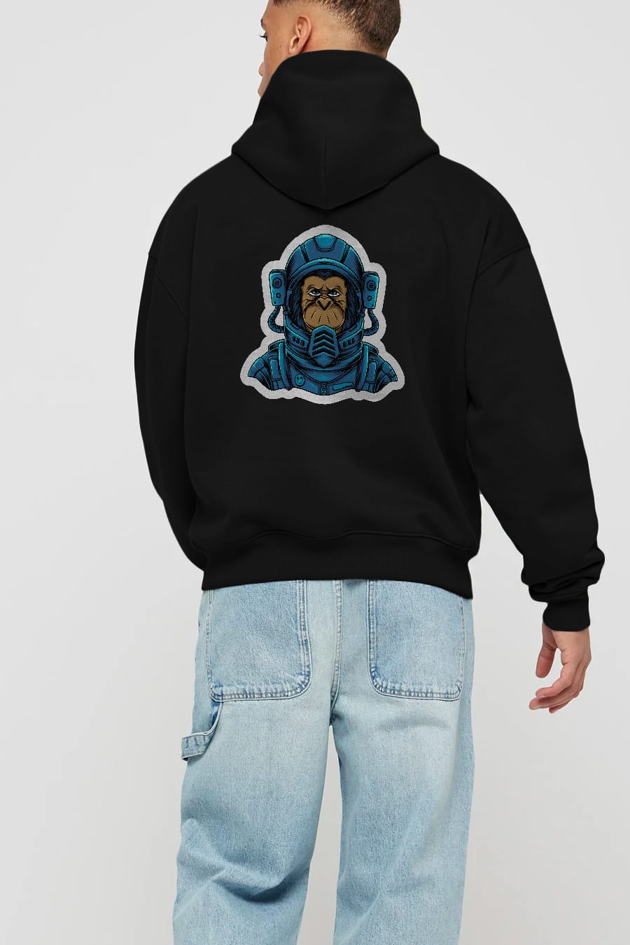 Astromonkey Sticker Arka Baskılı Hoodie Oversize Kapüşonlu Sweatshirt Erkek Kadın Unisex