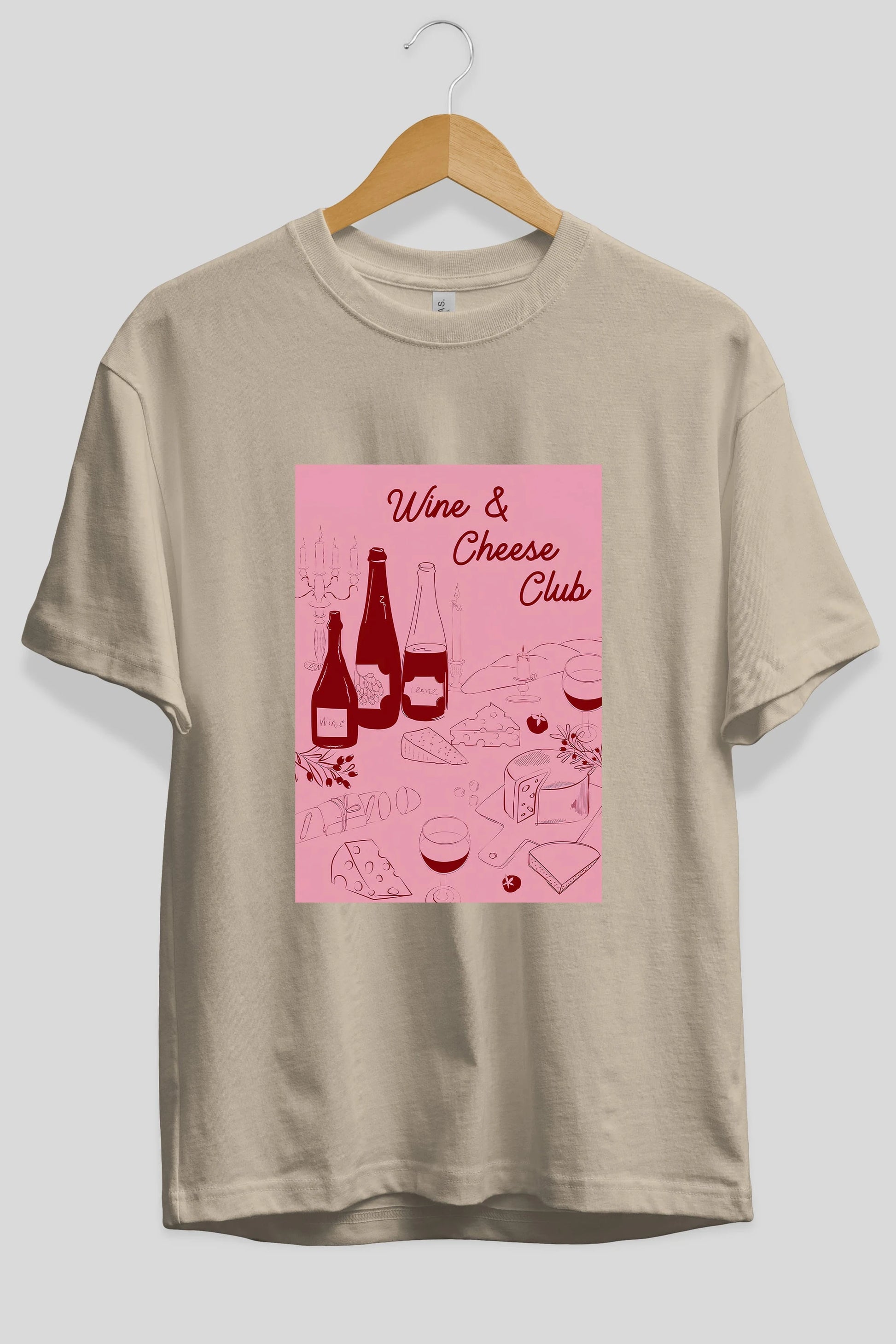 Wine Cheese Club Ön Baskılı Oversize t-shirt Erkek Kadın Unisex %100 Pamuk Bisiklet Yaka tişort