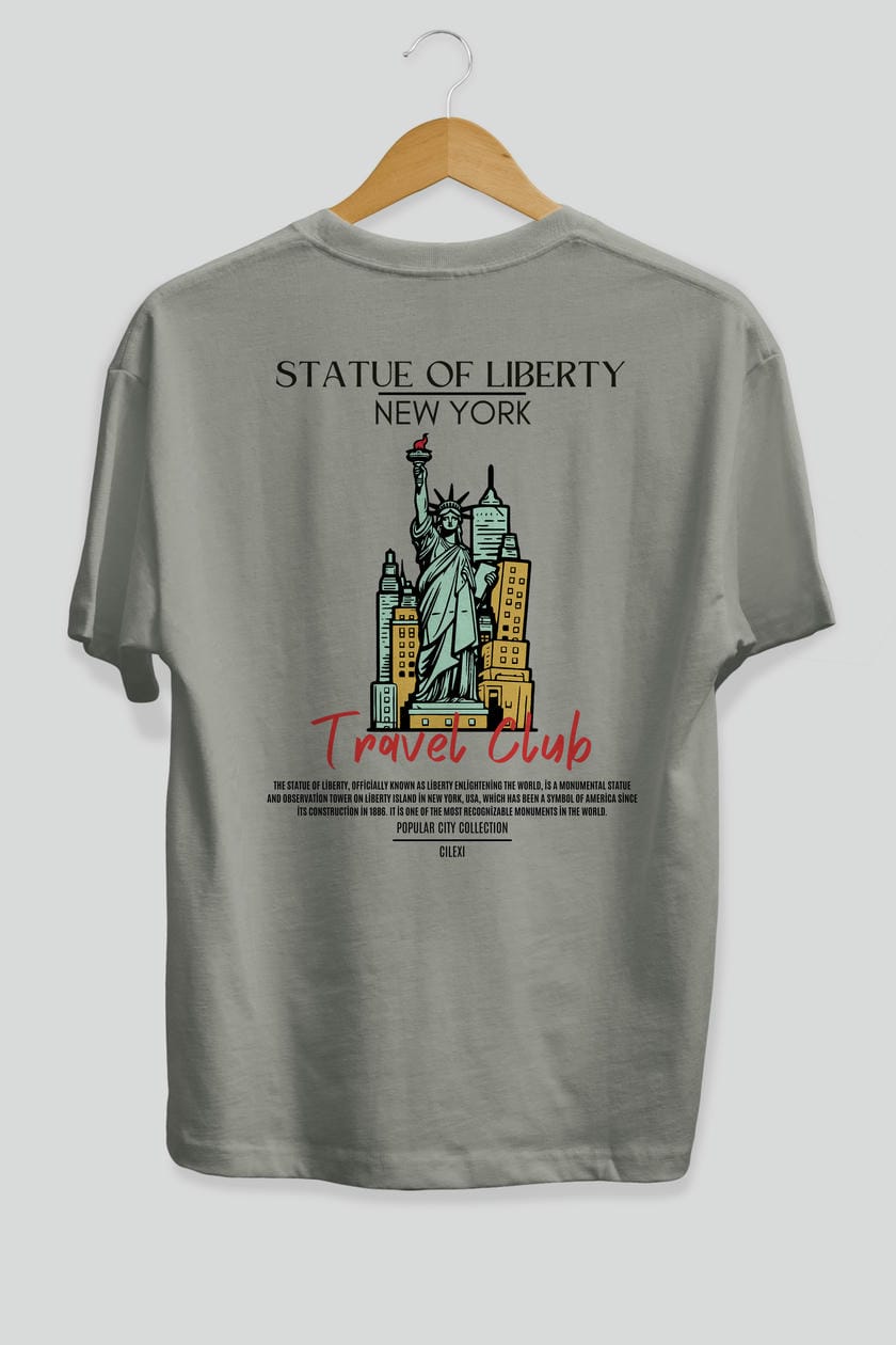 Statue Of Liberty New York Arka Baskılı Oversize t-shirt Erkek Kadın Pamuk Bisiklet Yaka tişort