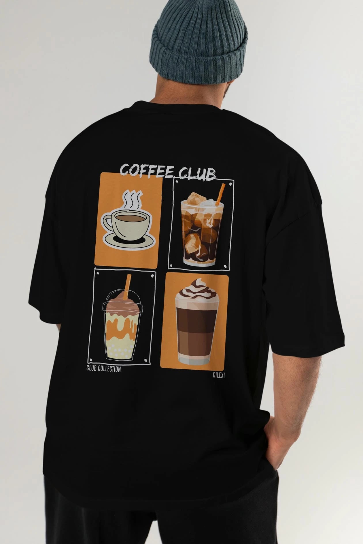 Coffee Club Arka Baskılı Oversize t-shirt Erkek Kadın %100 Pamuk Bisiklet Yaka tişort