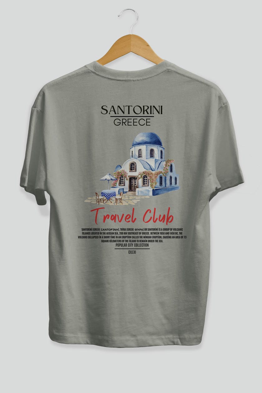 Santorini Greece Arka Baskılı Oversize t-shirt Erkek Kadın Pamuk Bisiklet Yaka tişort