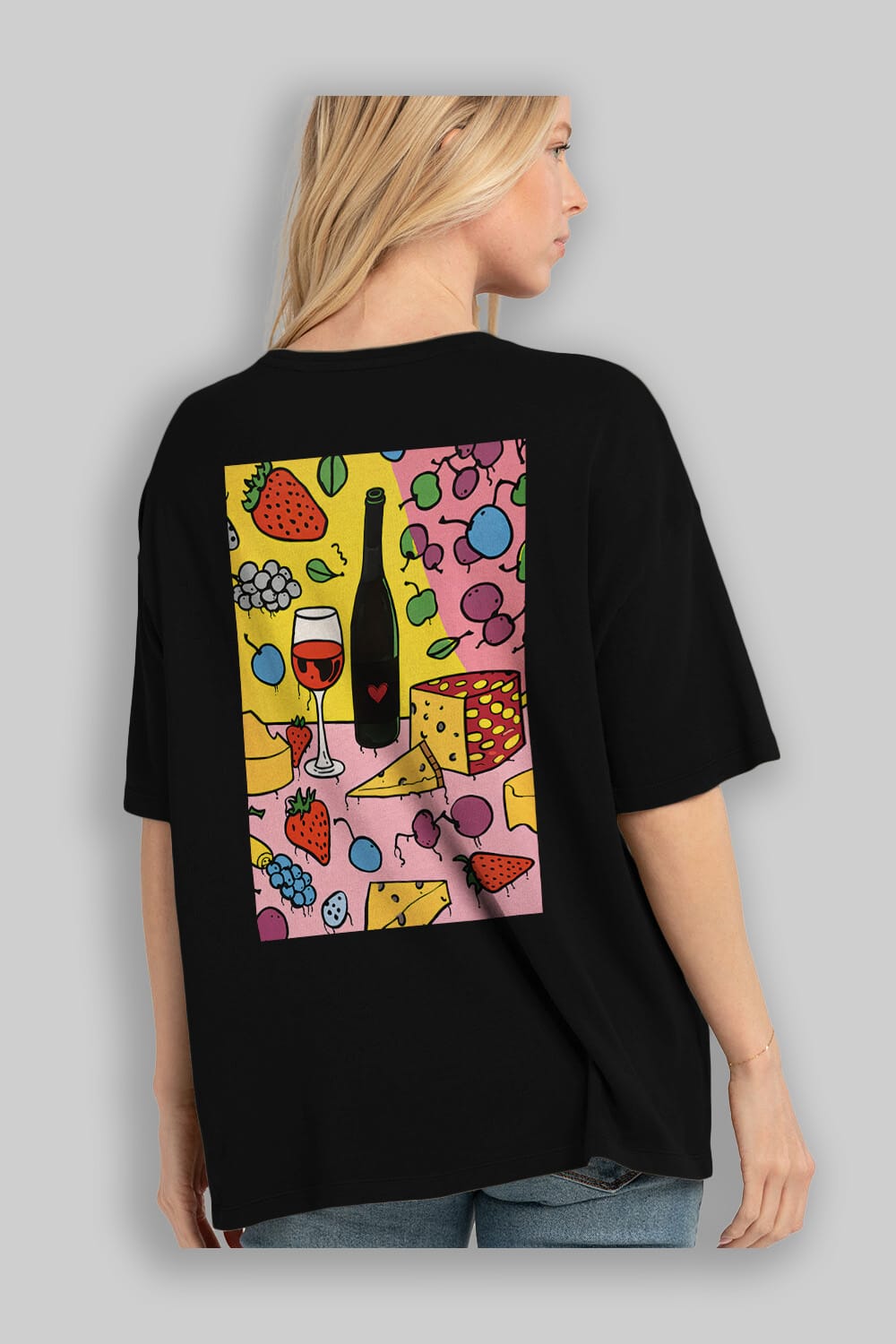 Wine Cheese Fruits Arka Baskılı Oversize t-shirt Erkek Kadın Unisex %100 Pamuk Bisiklet Yaka tişort
