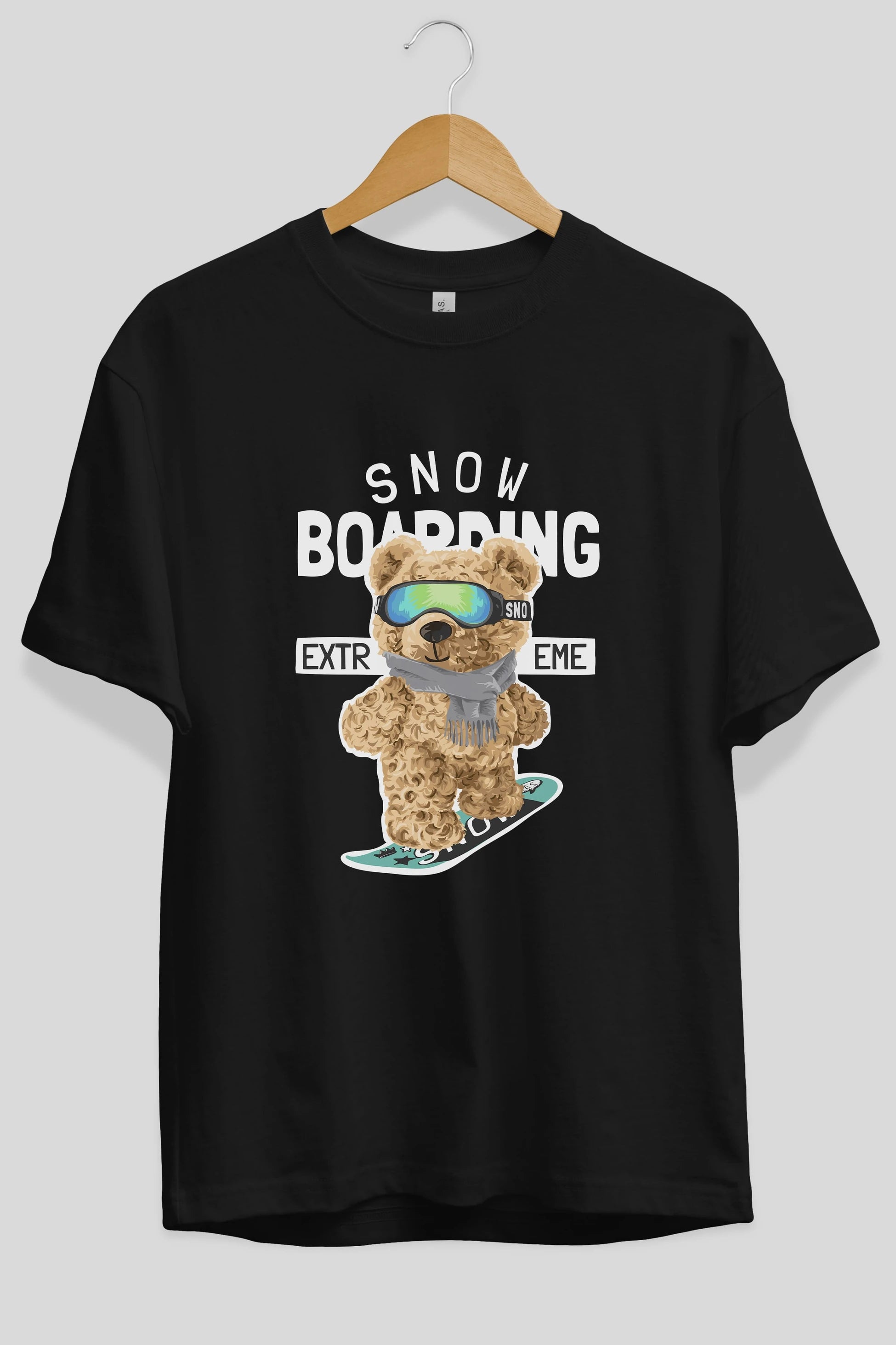 Teddy Bear Snow Boarding Ön Baskılı Oversize t-shirt Erkek Kadın Unisex %100 Pamuk