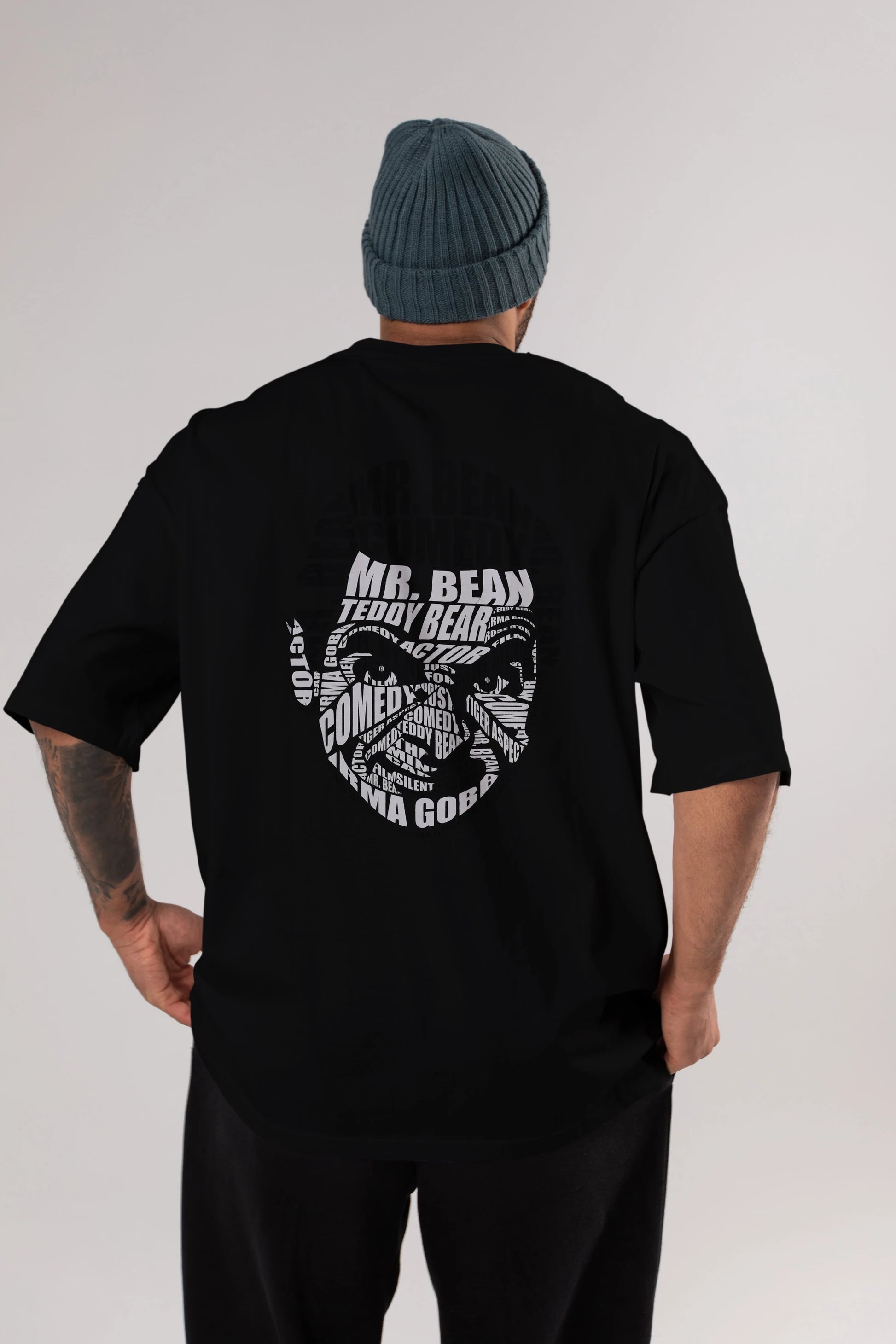 Mr Bean Calligram Arka Baskılı Oversize t-shirt %100 pamuk Erkek Kadın Unisex