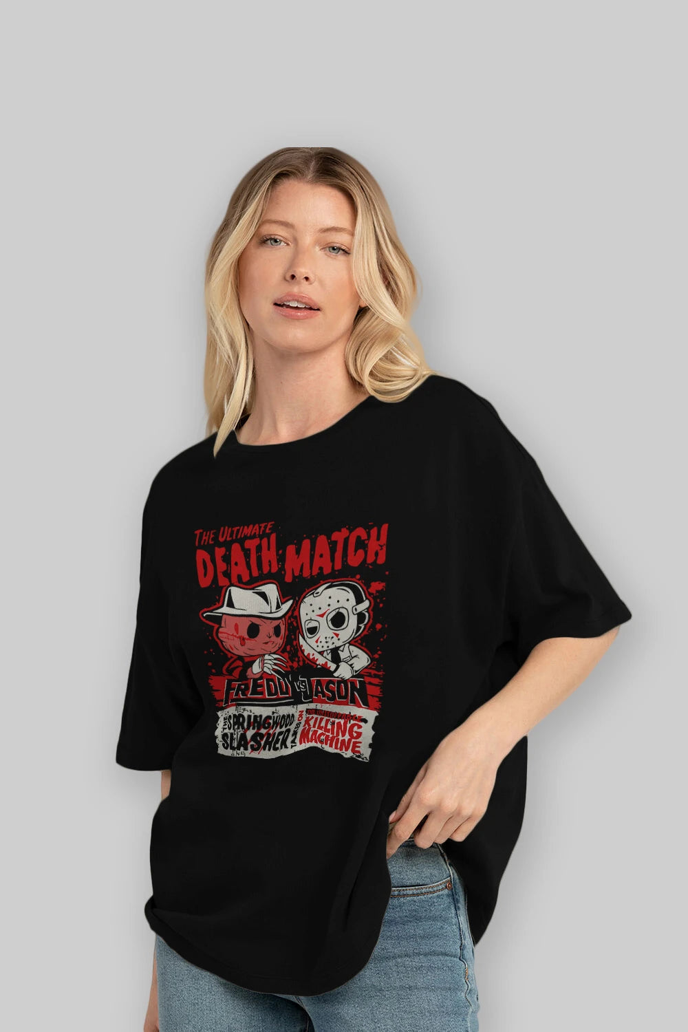 Freddy vs Jason Ön Baskılı Oversize t-shirt Erkek Kadın Unisex %100 Pamuk Bisiklet Yaka tişort
