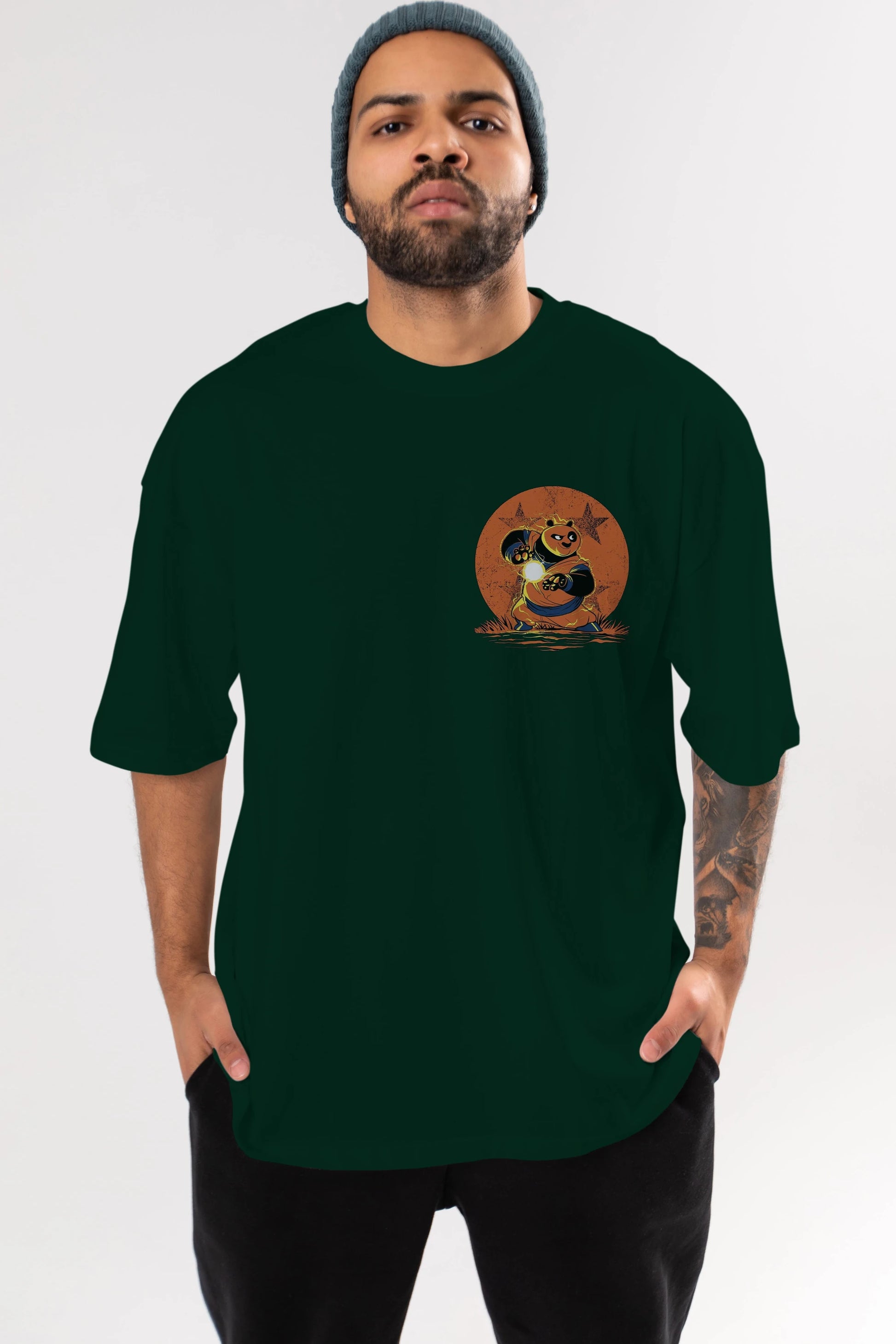 Kung Fu Panda Ön Sol Baskılı Oversize t-shirt Erkek Kadın Unisex %100 Pamuk Bisiklet Yaka tişort