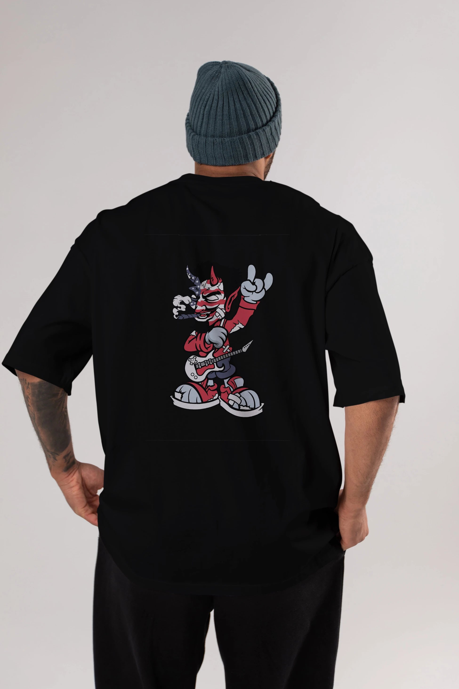American Devil Rockstar Arka Baskılı Oversize t-shirt Erkek Kadın Unisex %100 Pamuk tişort