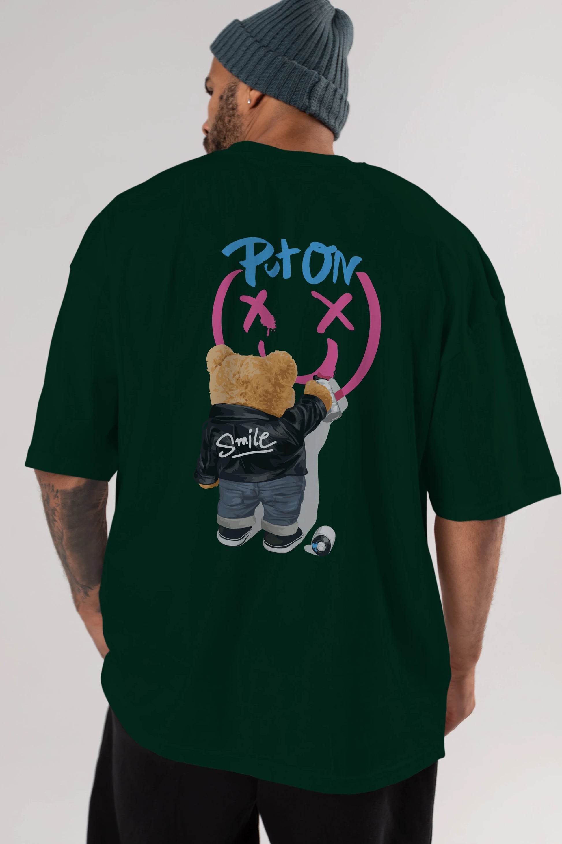 Put on Smile Bear Arka Baskılı Oversize t-shirt Erkek Kadın Unisex
