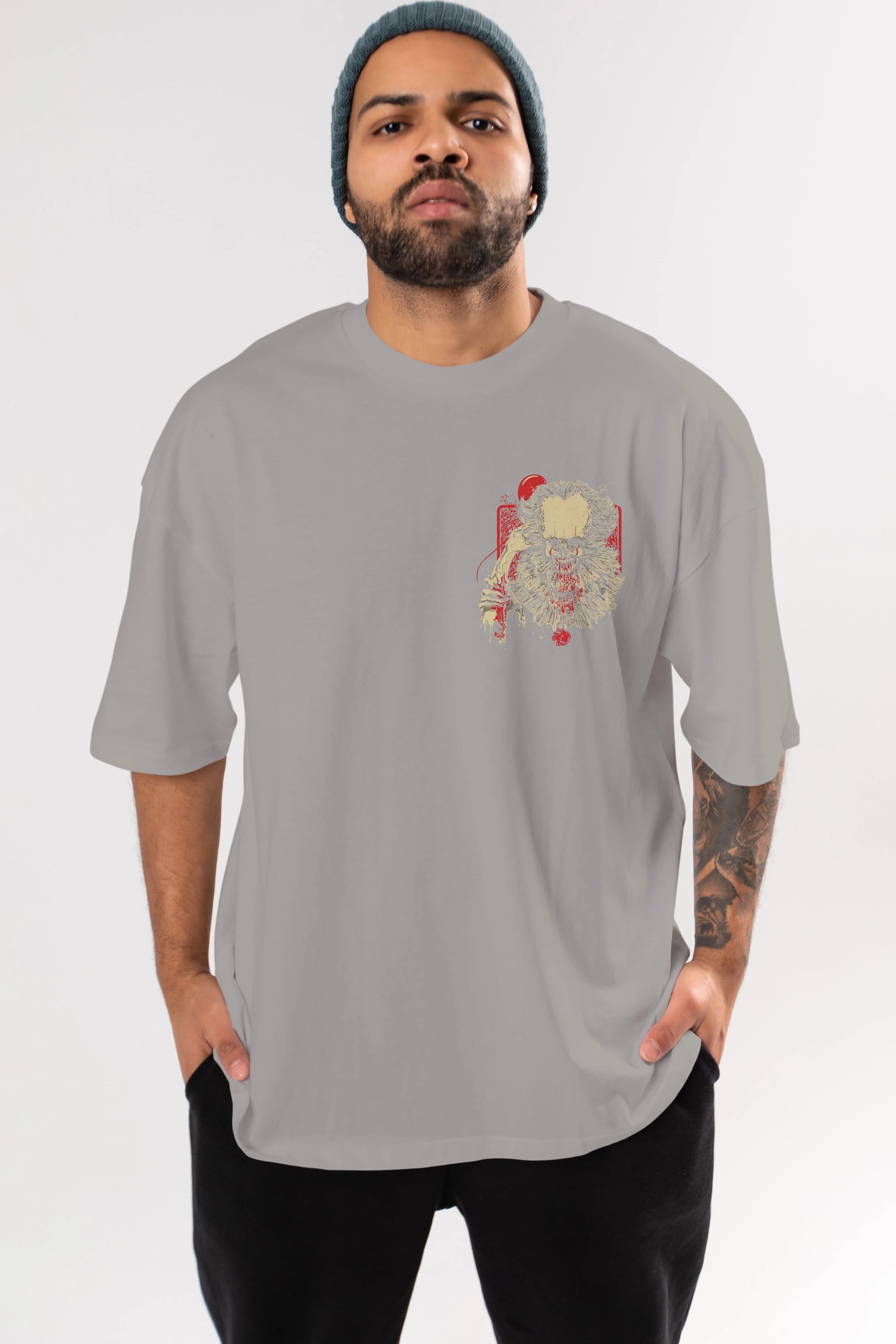 it (2) Ön Sol Baskılı Oversize t-shirt Erkek Kadın Unisex %100 Pamuk Bisiklet Yaka tişort
