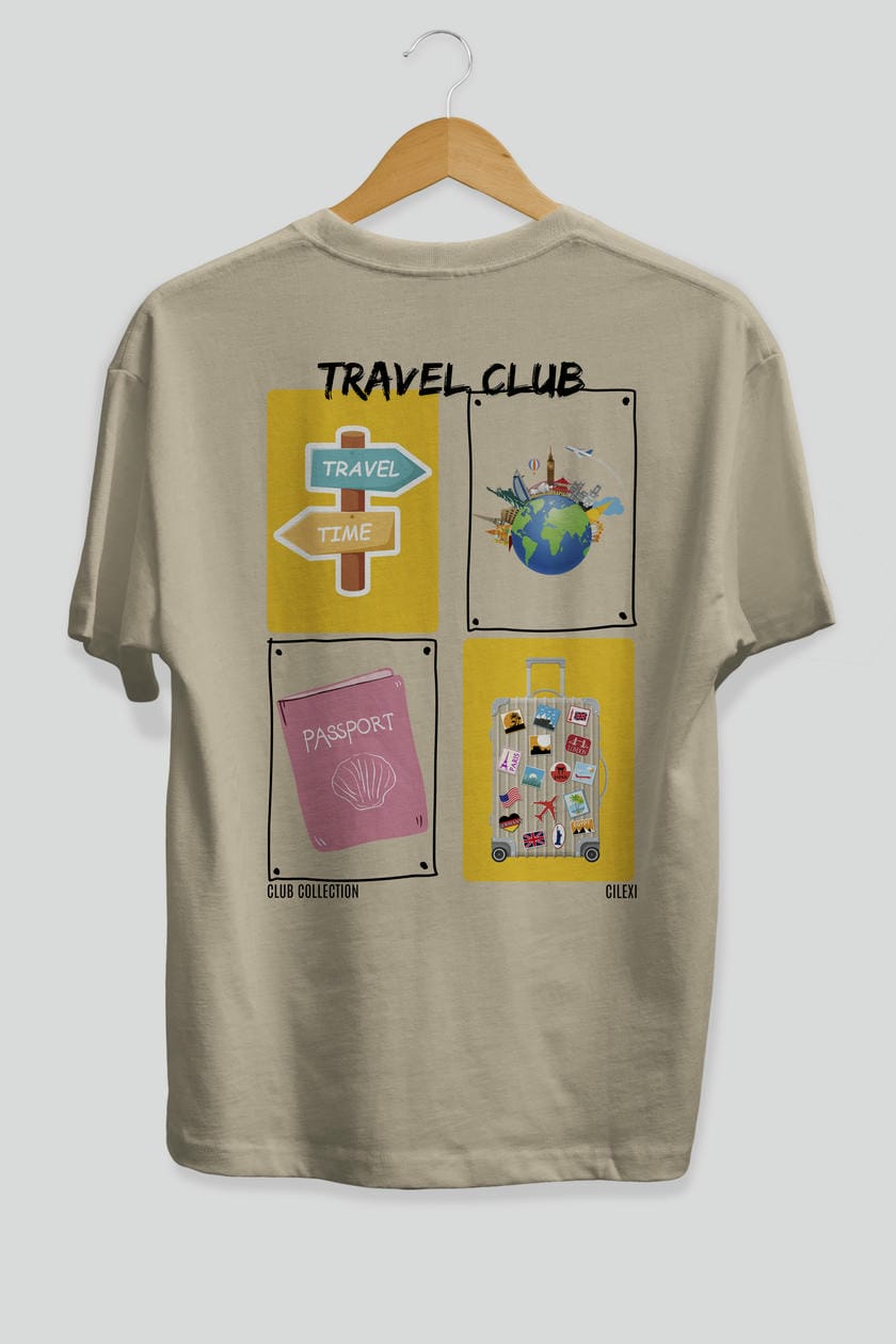 Travel Club Arka Baskılı Oversize t-shirt Erkek Kadın %100 Pamuk Bisiklet Yaka tişort