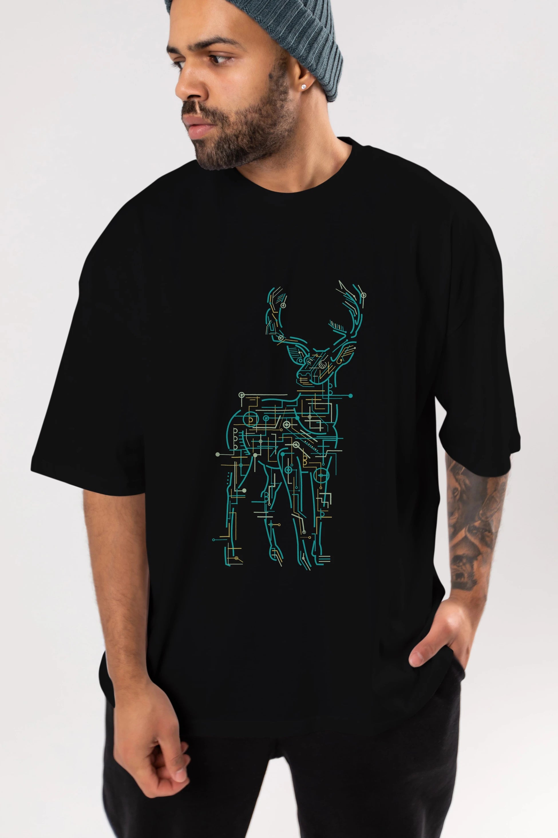 Electric Deer Ön Baskılı Oversize t-shirt %100 pamuk Erkek Kadın Unisex