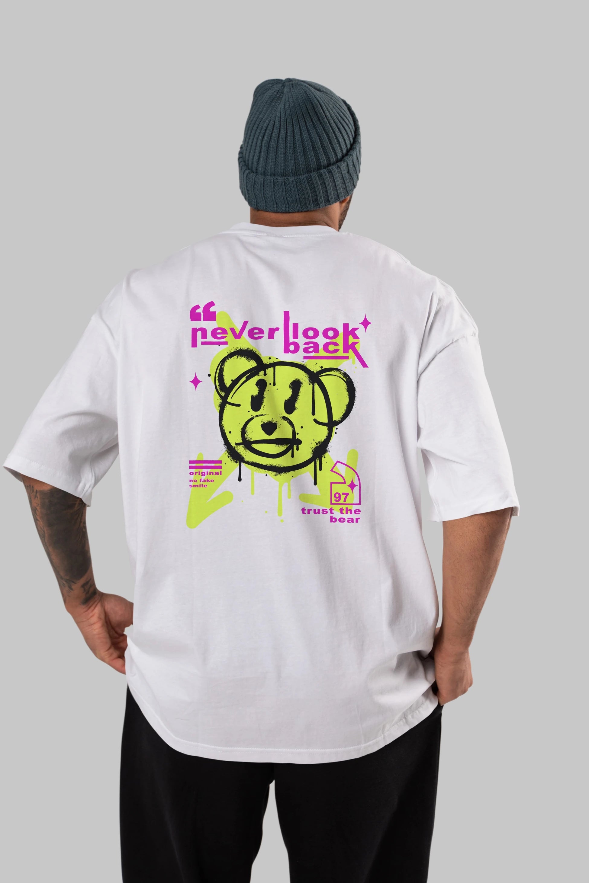 Never Look Back Bear Arka Baskılı Oversize t-shirt Erkek Kadın Unisex