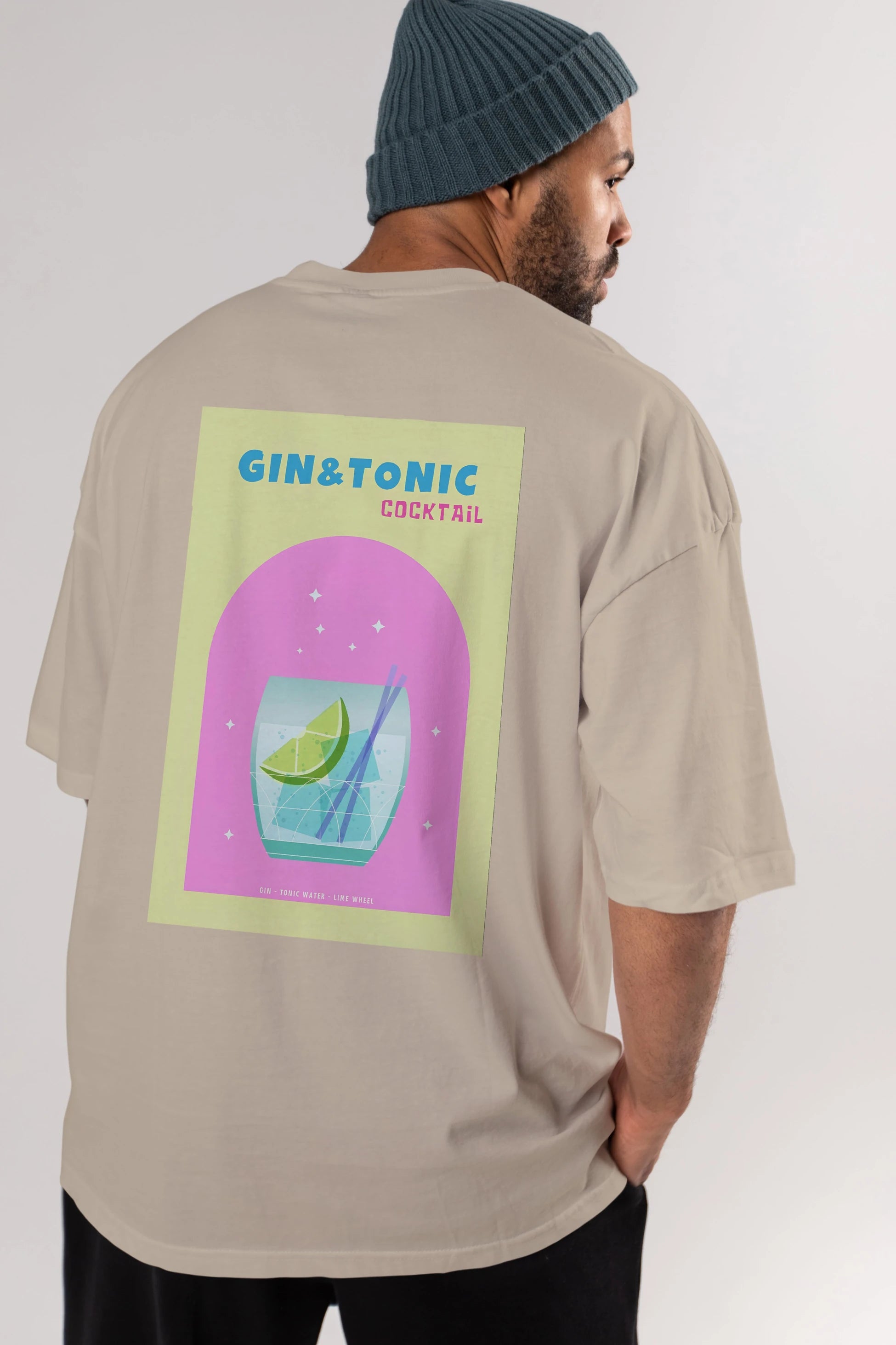Gin Tonic Cocktail Arka Baskılı Oversize t-shirt Erkek Kadın Unisex %100 Pamuk Bisiklet Yaka tişort