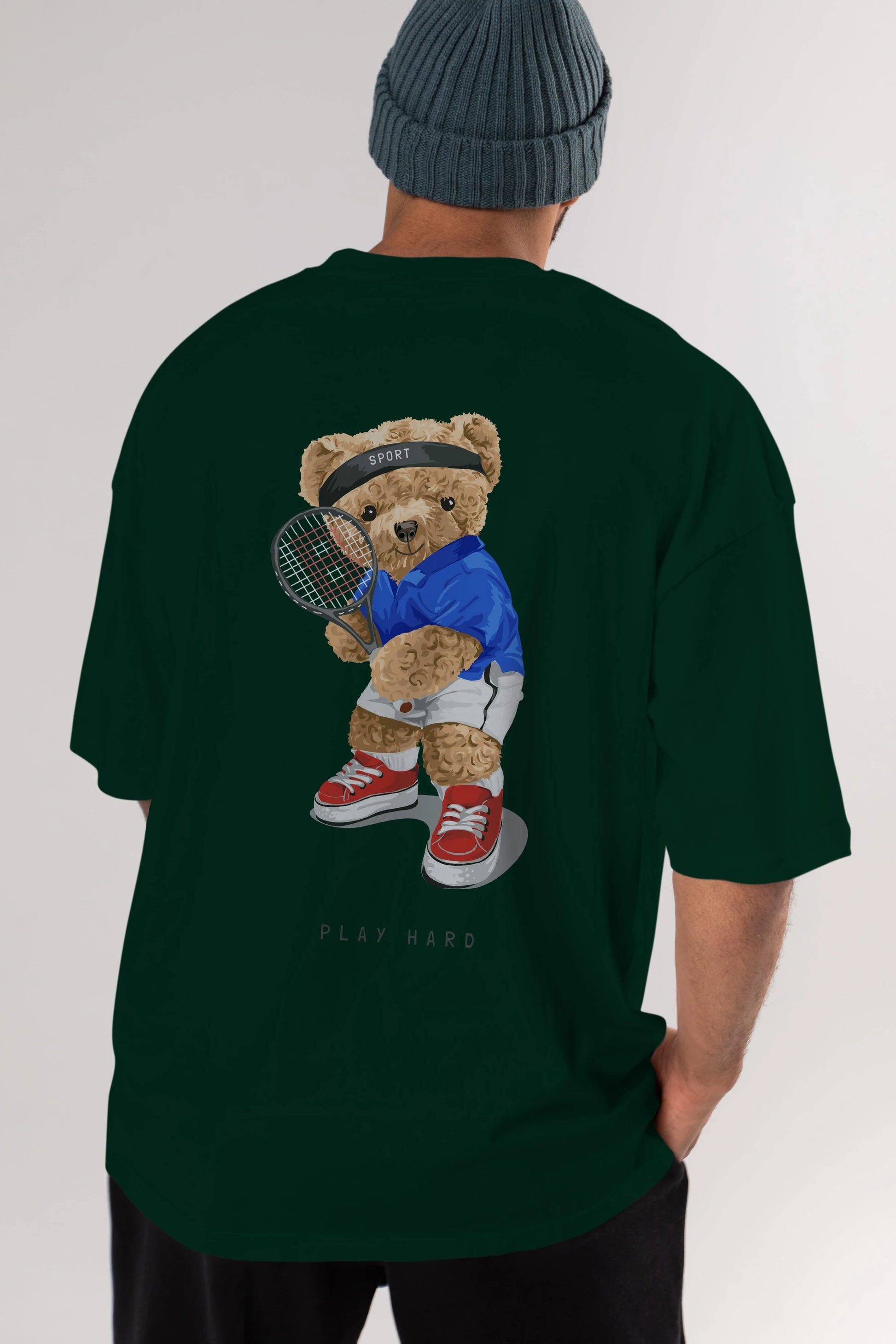Teddy Bear Play Hard Arka Baskılı Oversize t-shirt Erkek Kadın Unisex %100 Pamuk