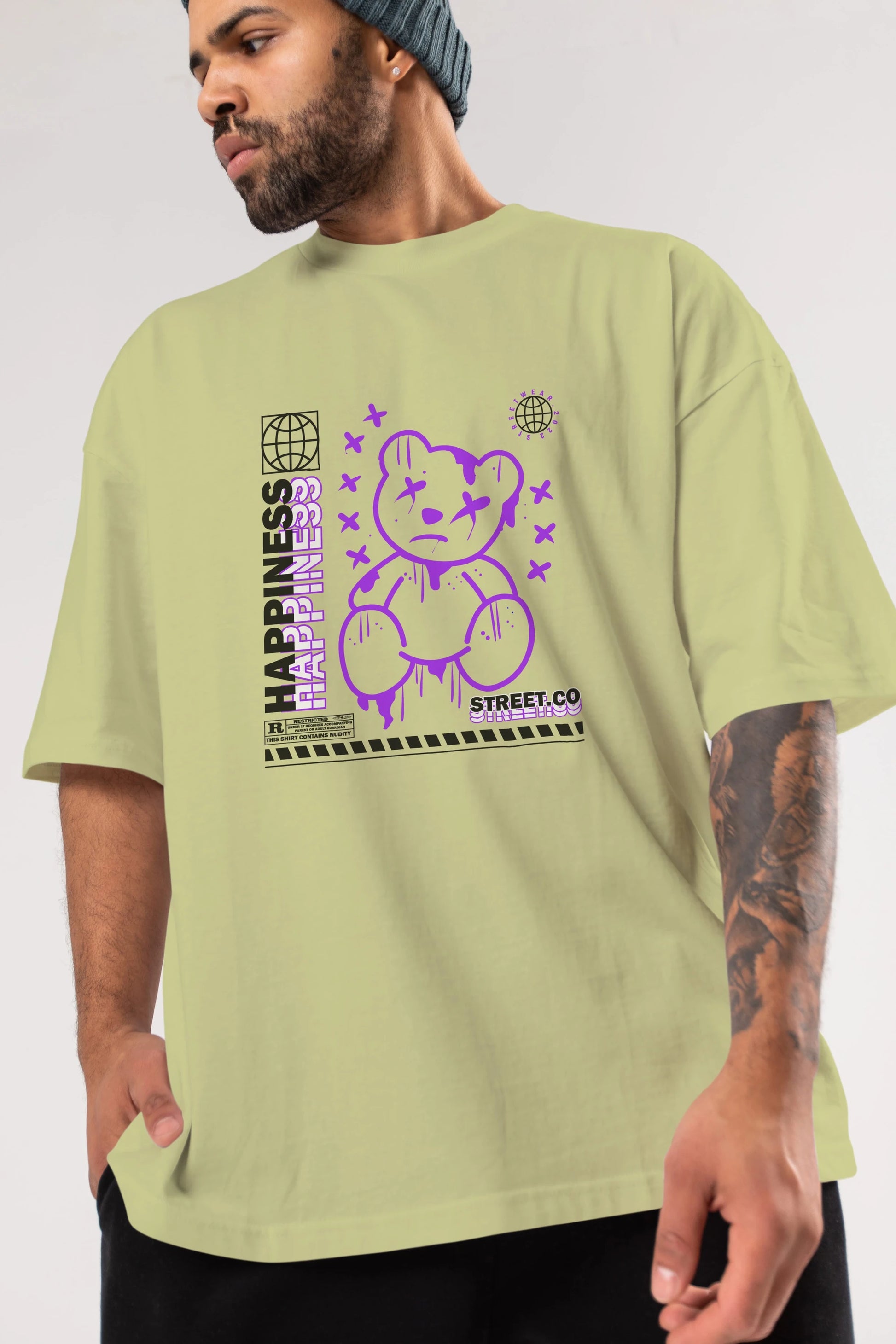 Happiness Bear 3 Ön Baskılı Oversize t-shirt Erkek Kadın Unisex