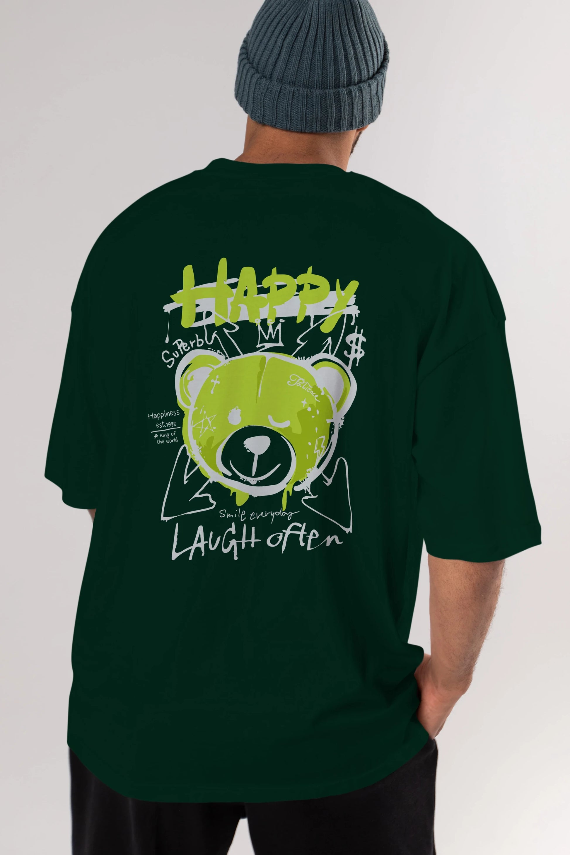 Happy Bear Arka Baskılı Oversize t-shirt Erkek Kadın Unisex