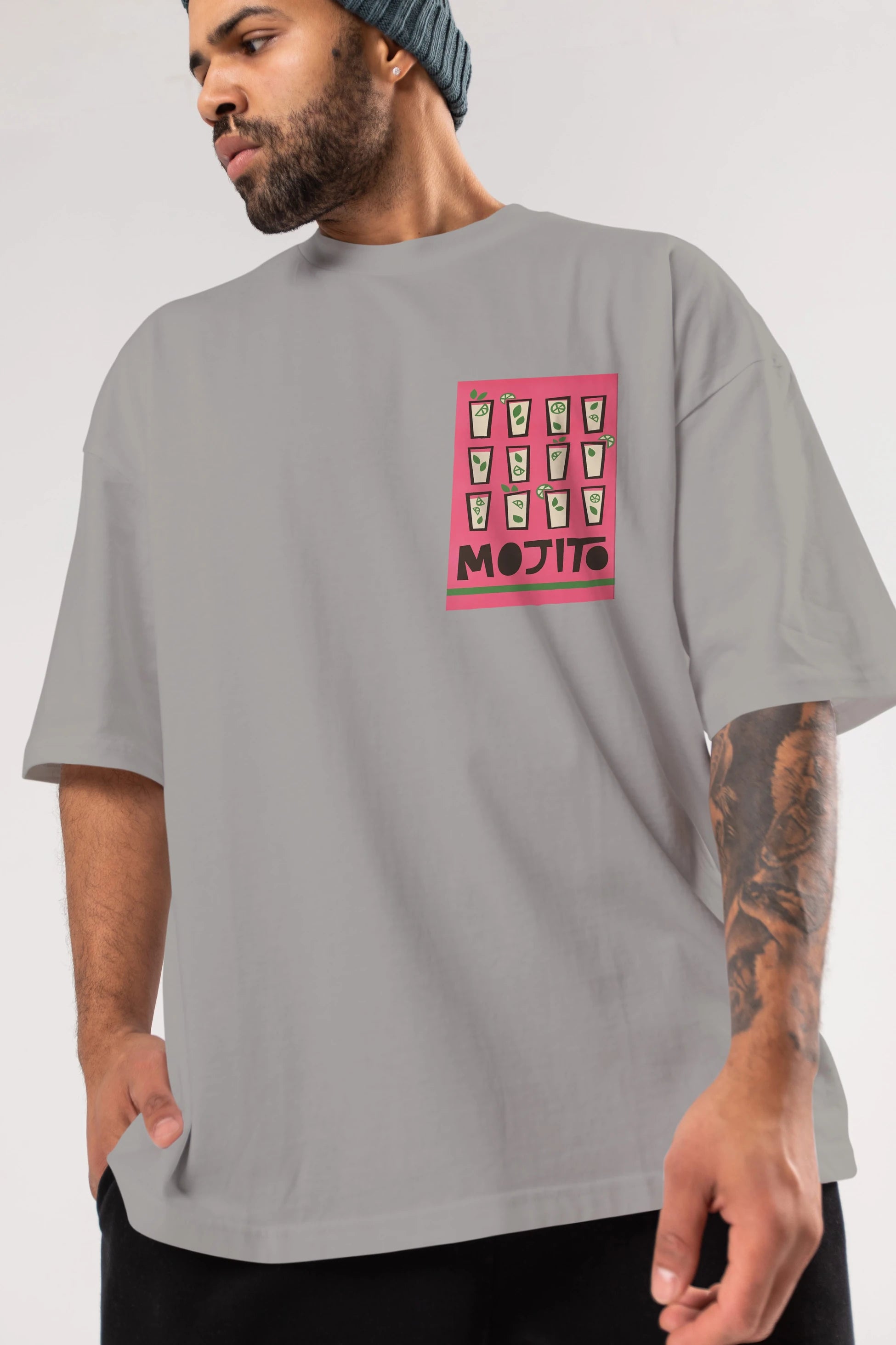 Mojito Ön Sol Baskılı Oversize t-shirt Erkek Kadın Unisex %100 Pamuk Bisiklet Yaka tişort