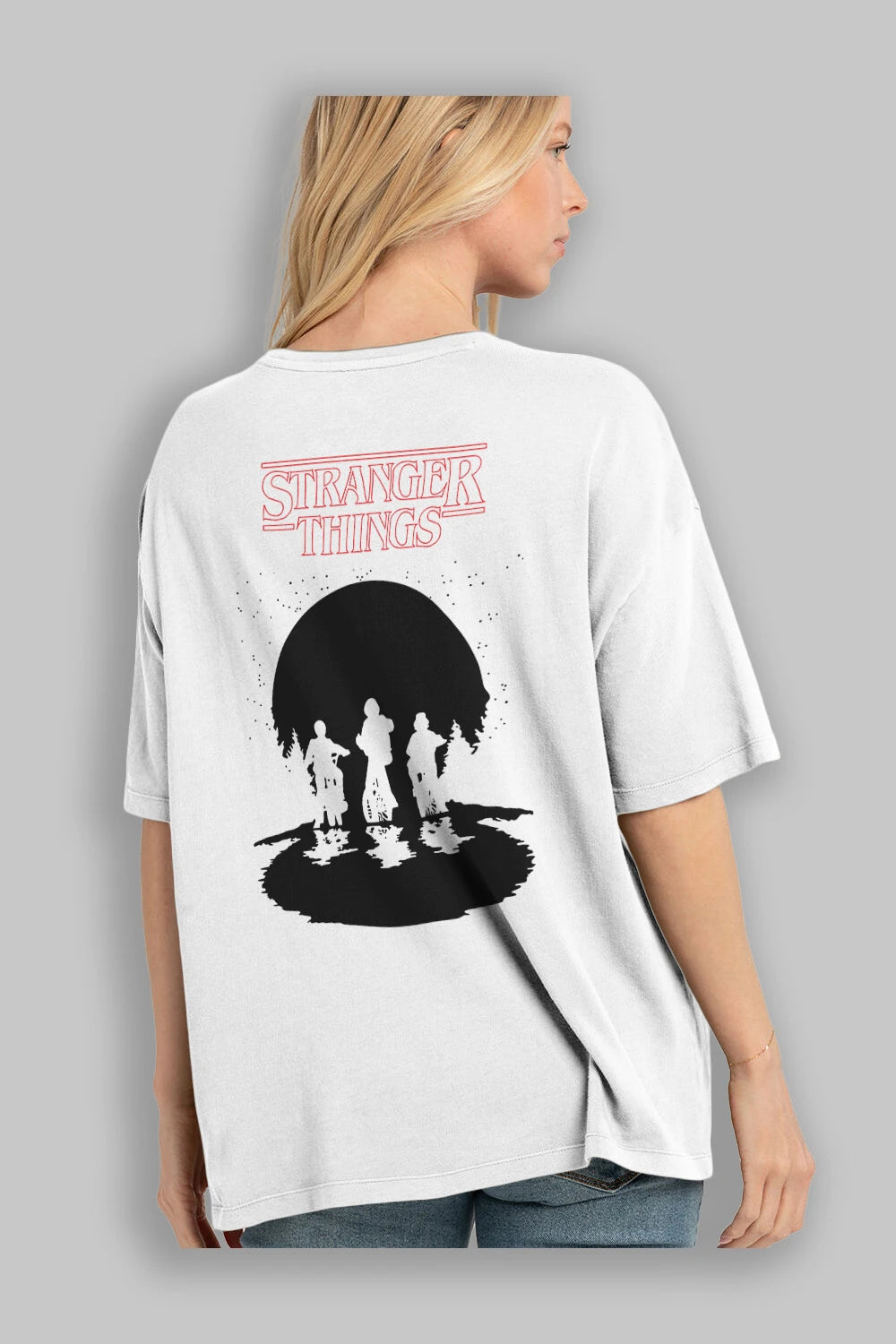 Stranger Things Arka Baskılı Oversize t-shirt Erkek Kadın Unisex %100 Pamuk Bisiklet Yaka tişort