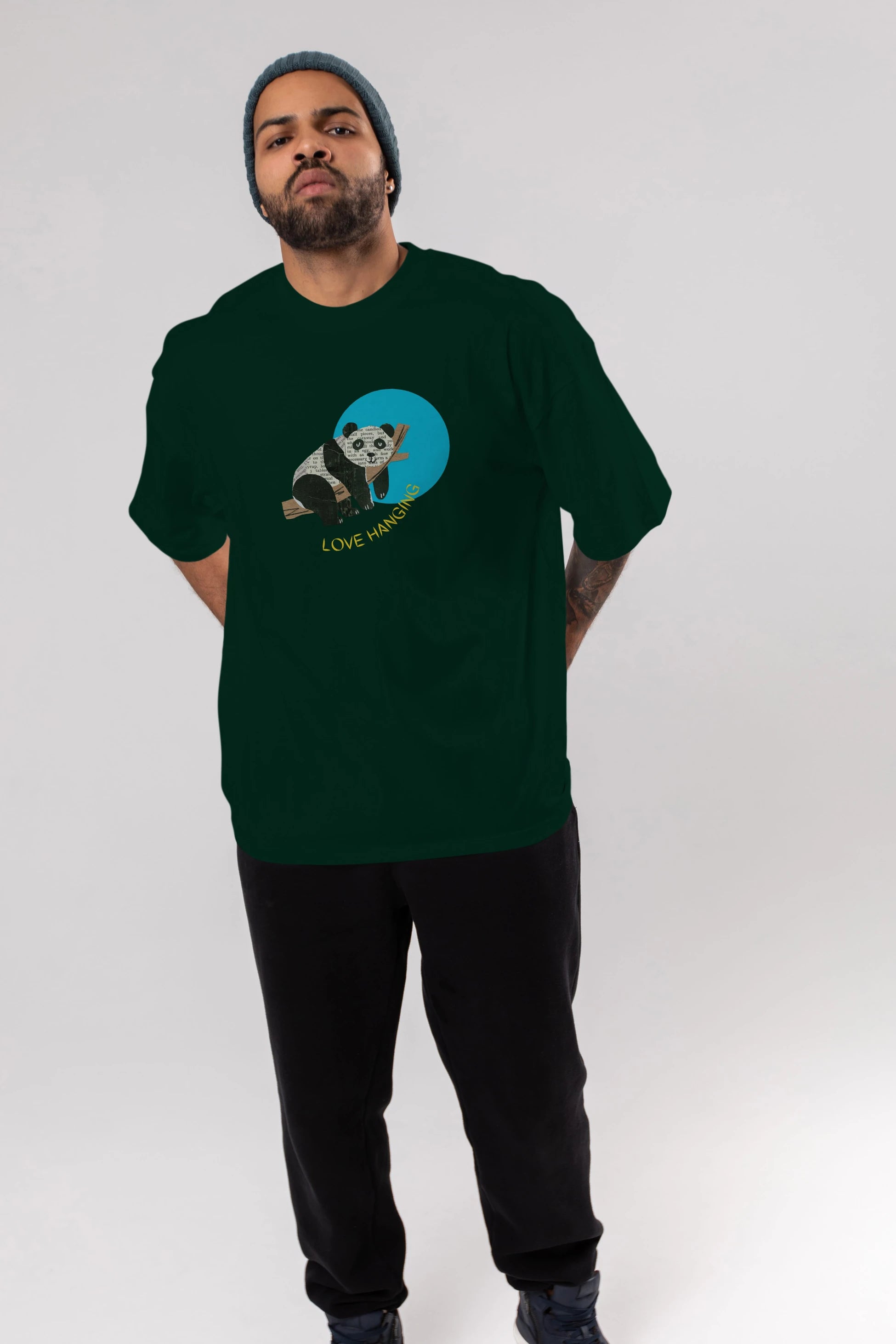 Panda Love Hanging Ön Baskılı Oversize t-shirt Erkek Kadın Unisex