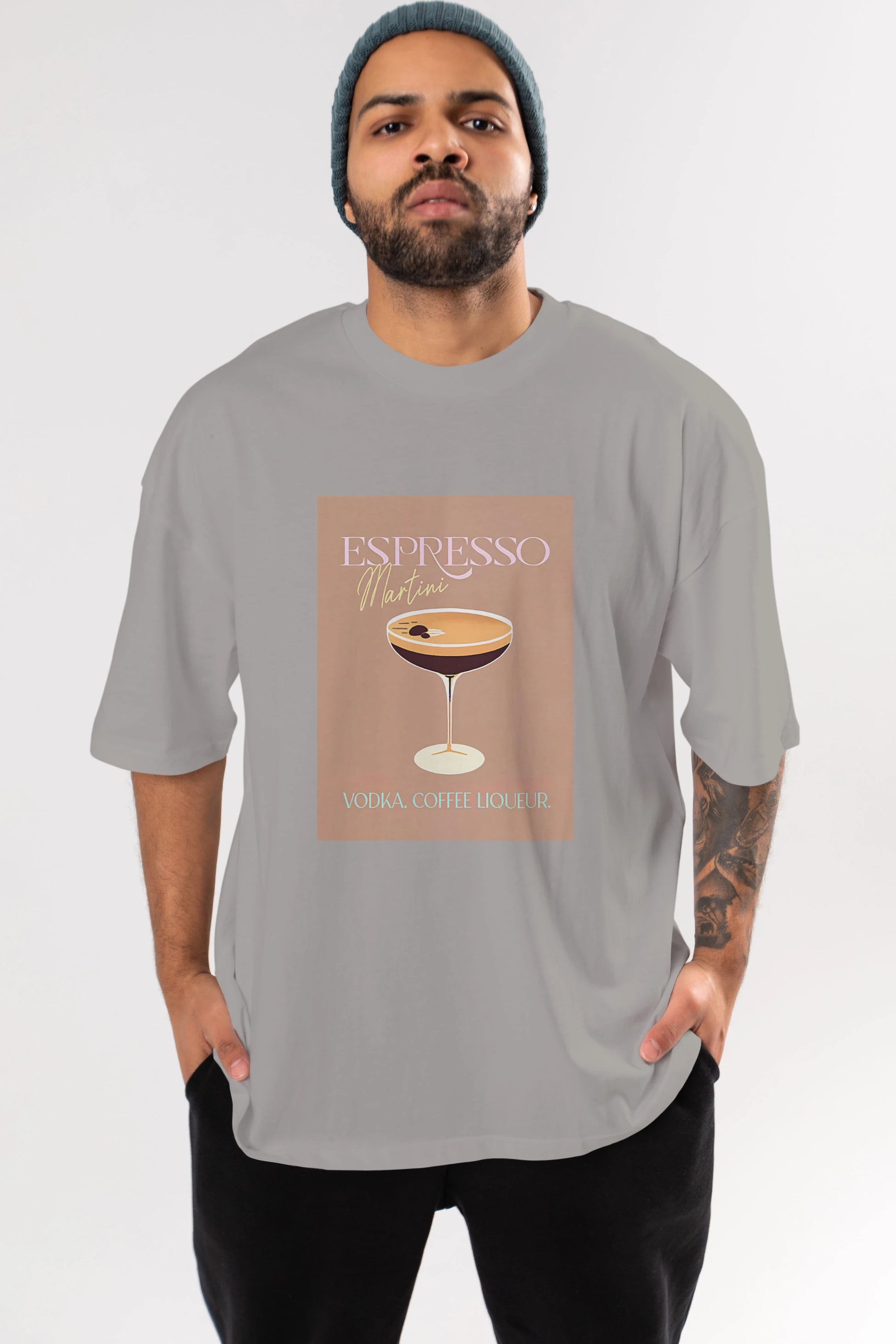 Espresso Martini Cocktail Ön Baskılı Oversize t-shirt Erkek Kadın Unisex %100 Pamuk Bisiklet Yaka tişort