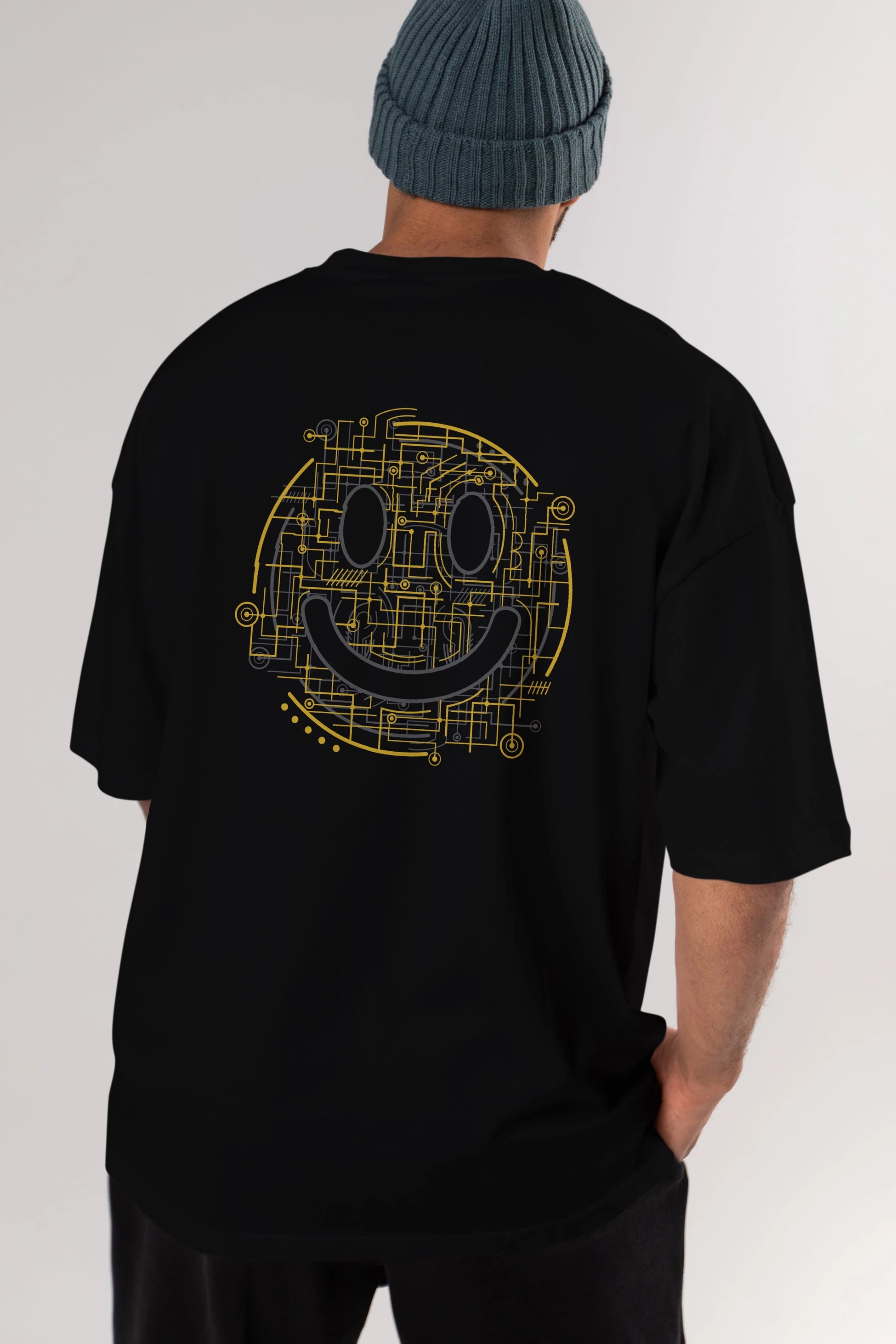 Electric Smiley Arka Baskılı Oversize t-shirt %100 pamuk Erkek Kadın Unisex