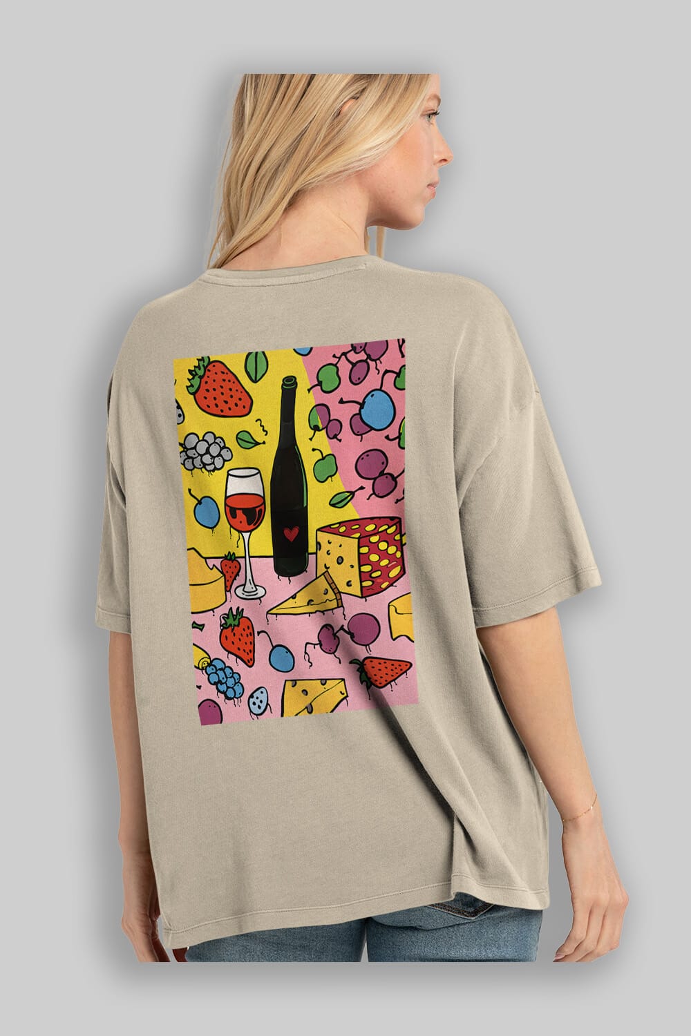 Wine Cheese Fruits Arka Baskılı Oversize t-shirt Erkek Kadın Unisex %100 Pamuk Bisiklet Yaka tişort