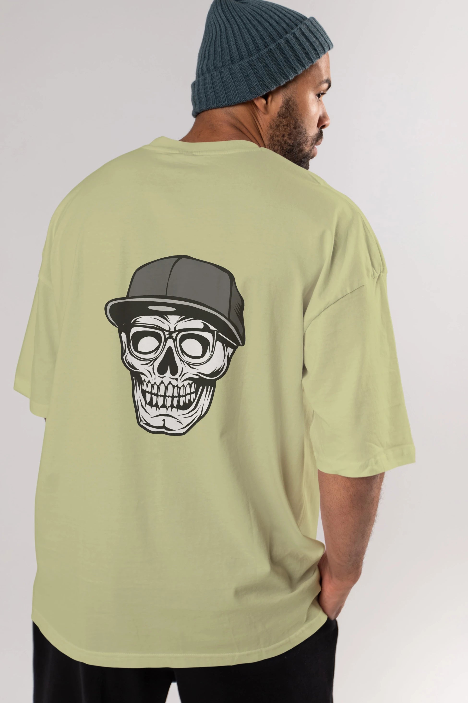 Skull With Hat Arka Baskılı Oversize t-shirt Erkek Kadın Unisex %100 Pamuk tişort
