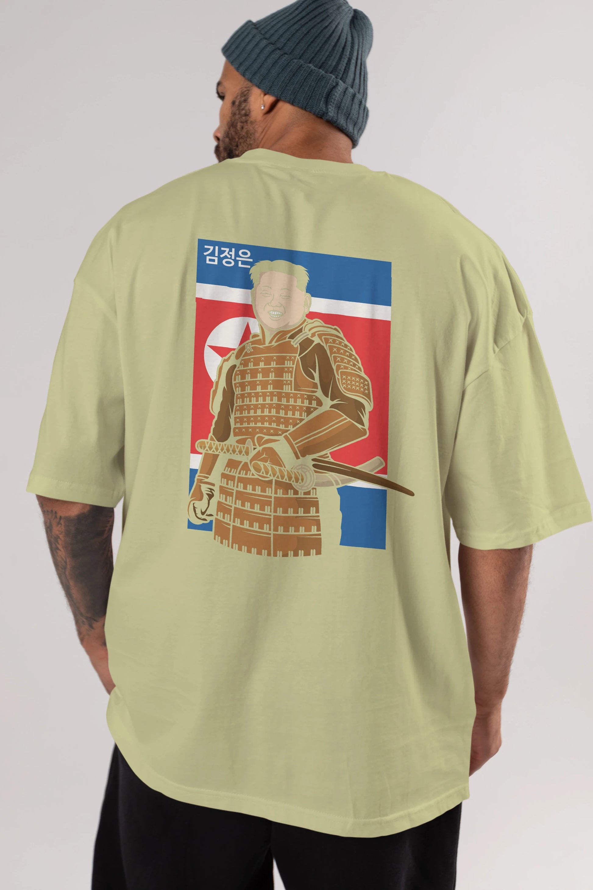Samurai Jong Un Arka Baskılı Oversize t-shirt Erkek Kadın Unisex %100 Pamuk tişort