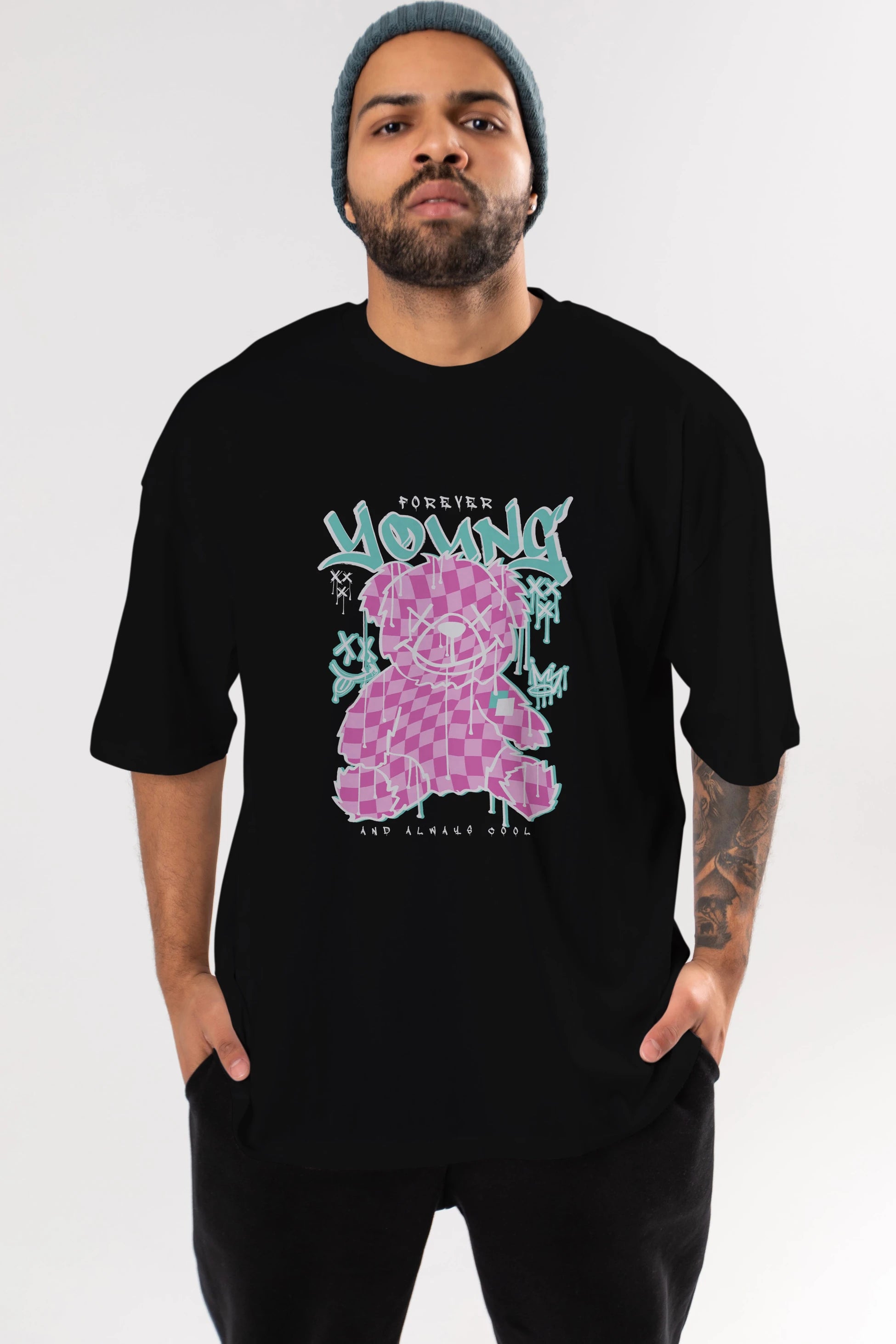 Young and Always Cool Bear Ön Baskılı Oversize t-shirt Erkek Kadın Unisex