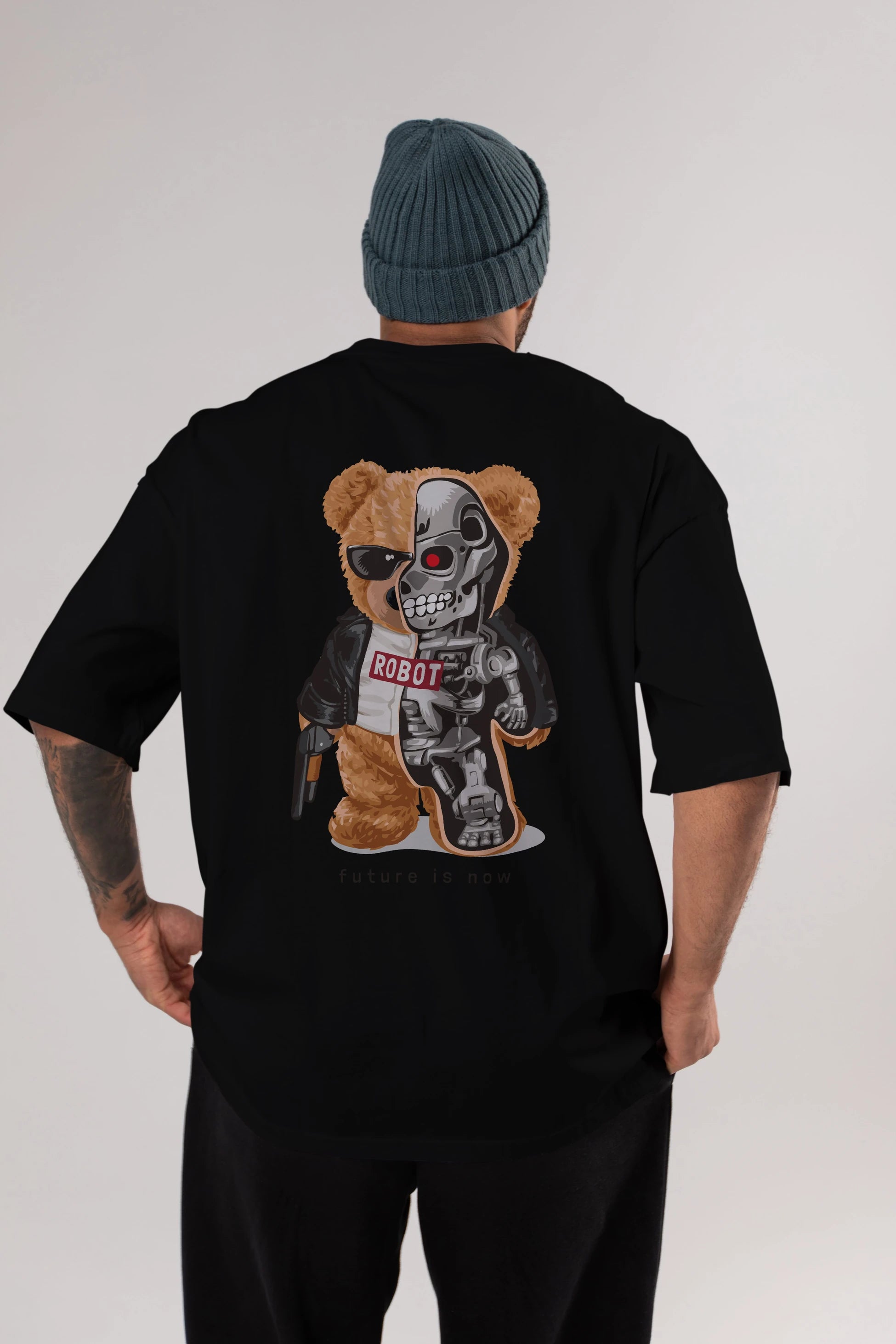 Teddy Bear Robot Arka Baskılı Oversize t-shirt Erkek Kadın Unisex %100 Pamuk
