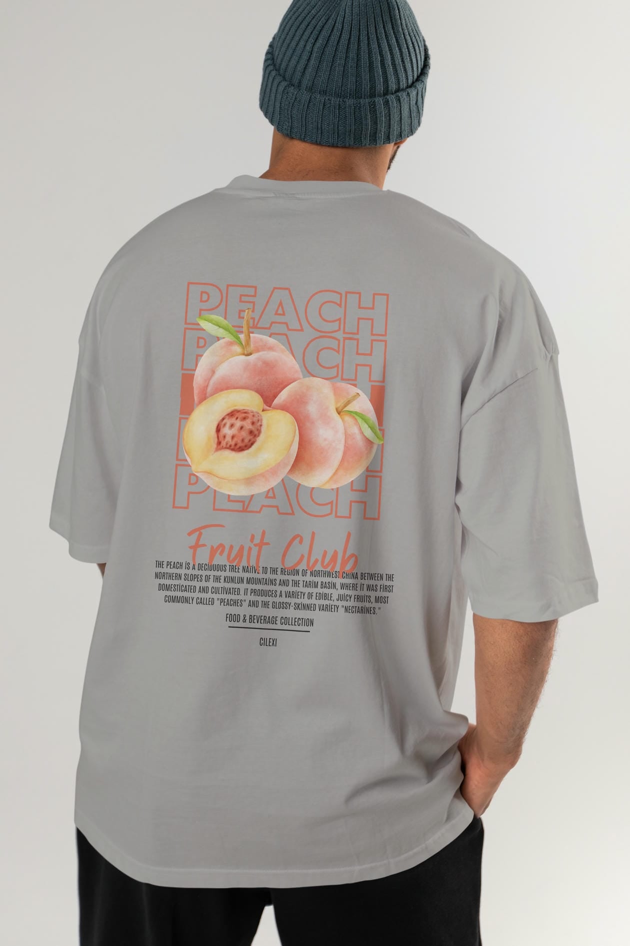 Peach Arka Baskılı Oversize t-shirt Erkek Kadın Pamuk Bisiklet Yaka tişort