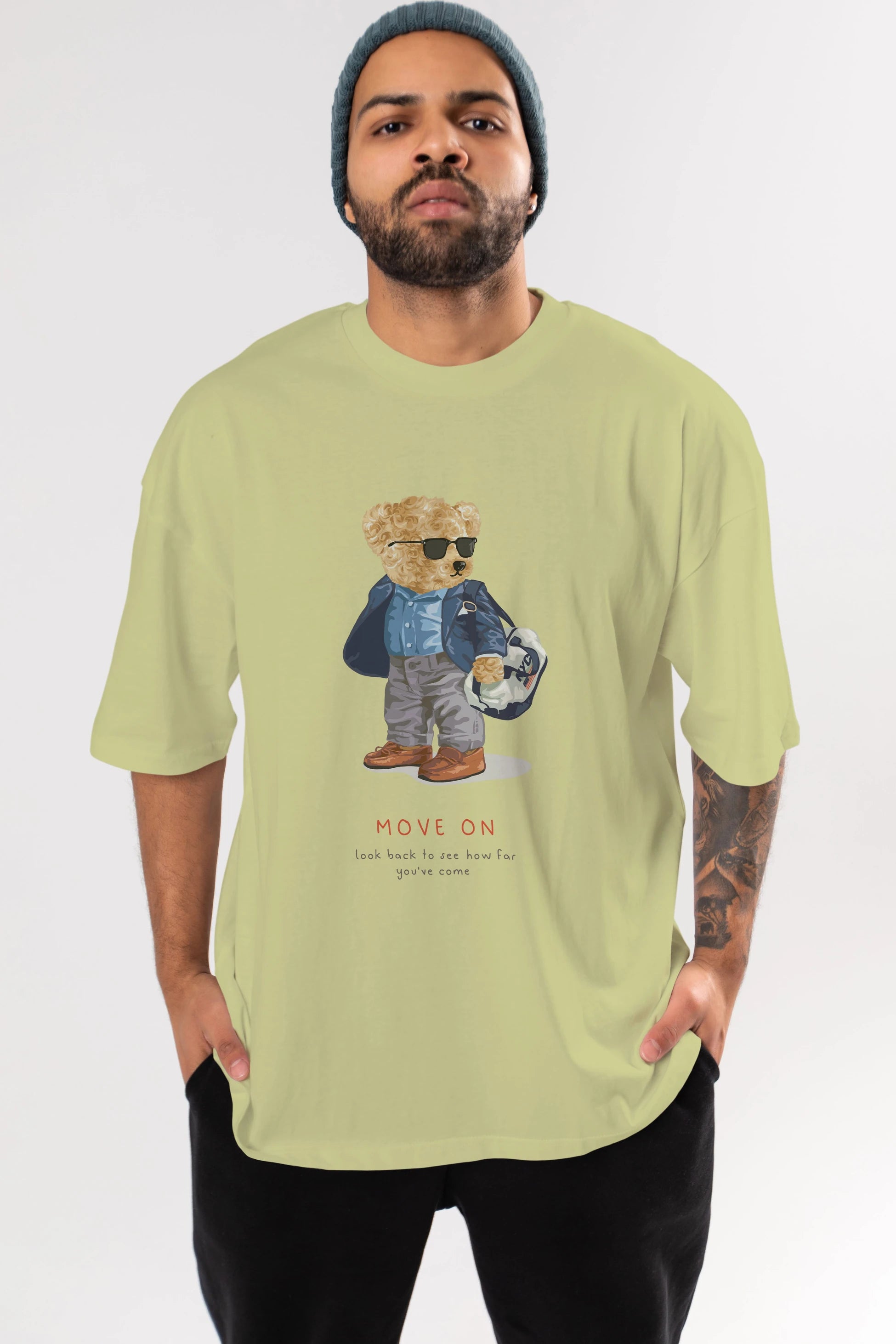 Teddy Bear Move On Ön Baskılı Oversize t-shirt Erkek Kadın Unisex %100 Pamuk