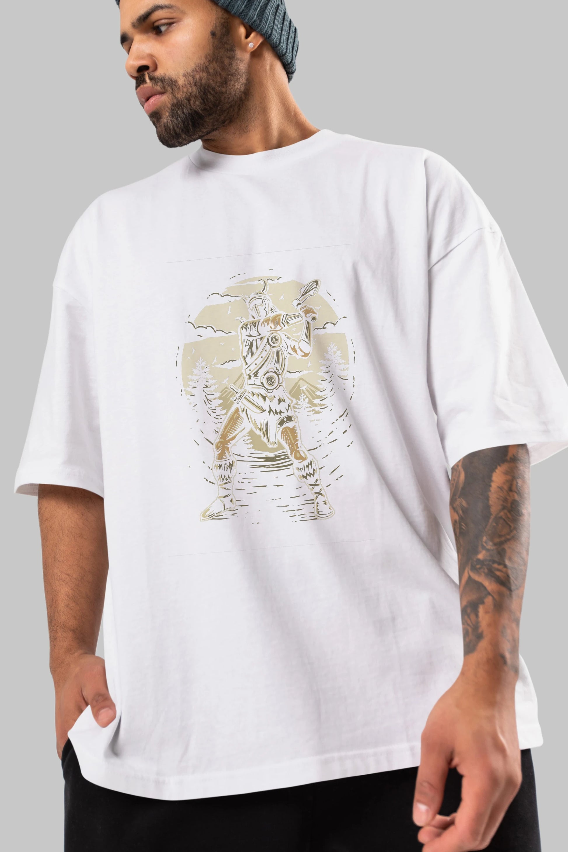 Viking Ön Baskılı Oversize t-shirt Erkek Kadın Unisex %100 Pamuk tişort