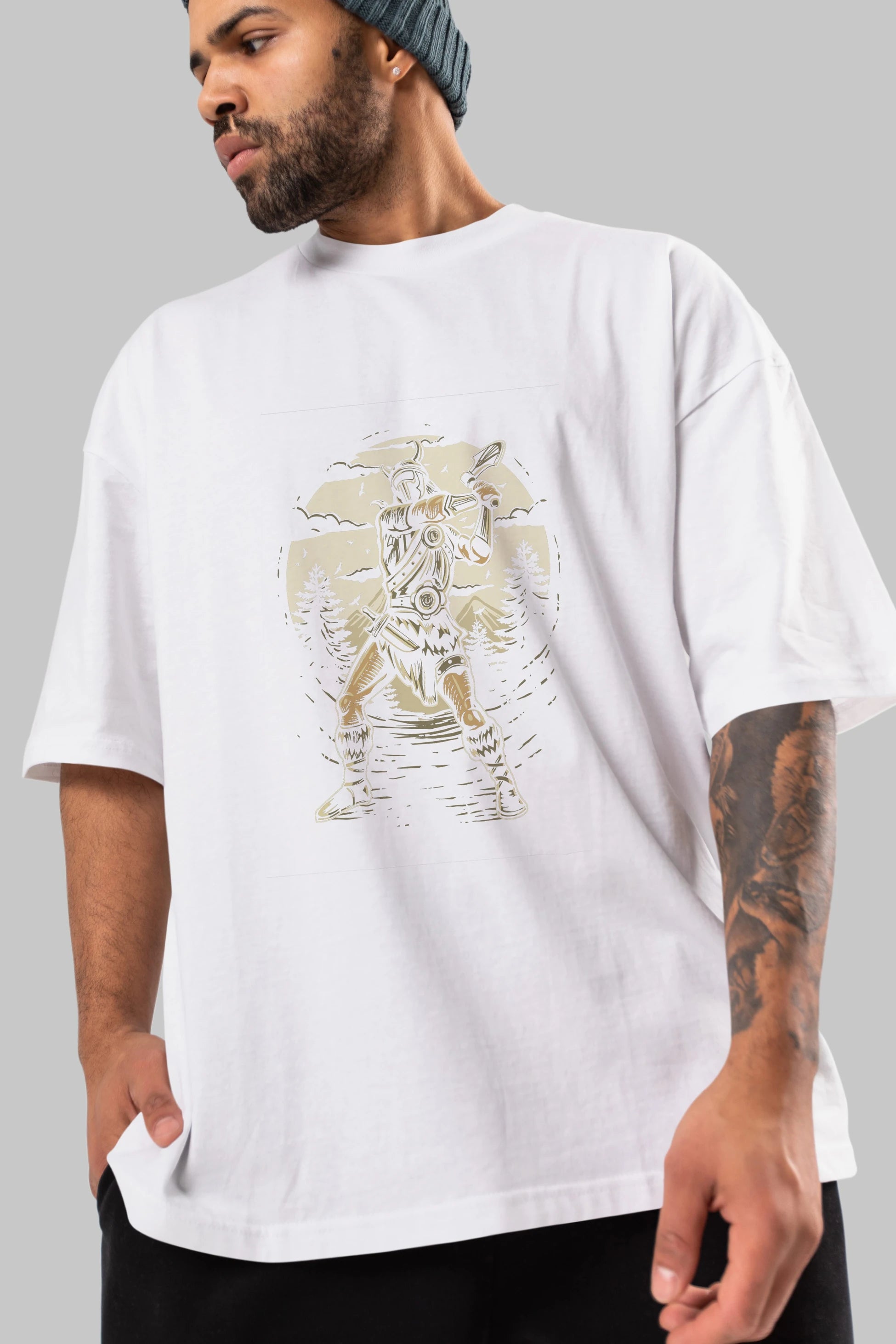 Viking Ön Baskılı Oversize t-shirt Erkek Kadın Unisex %100 Pamuk tişort