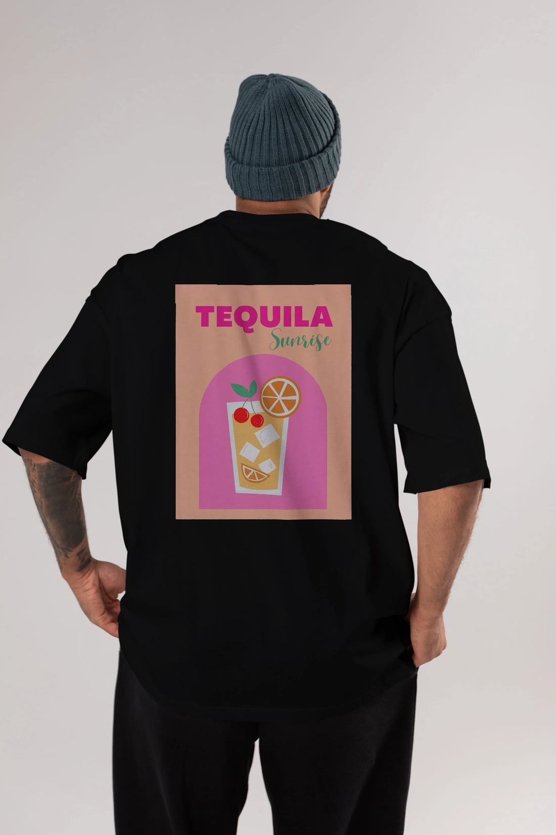 Tequila Sunrise 2 Arka Baskılı Oversize t-shirt Erkek Kadın Unisex %100 Pamuk Bisiklet Yaka tişort
