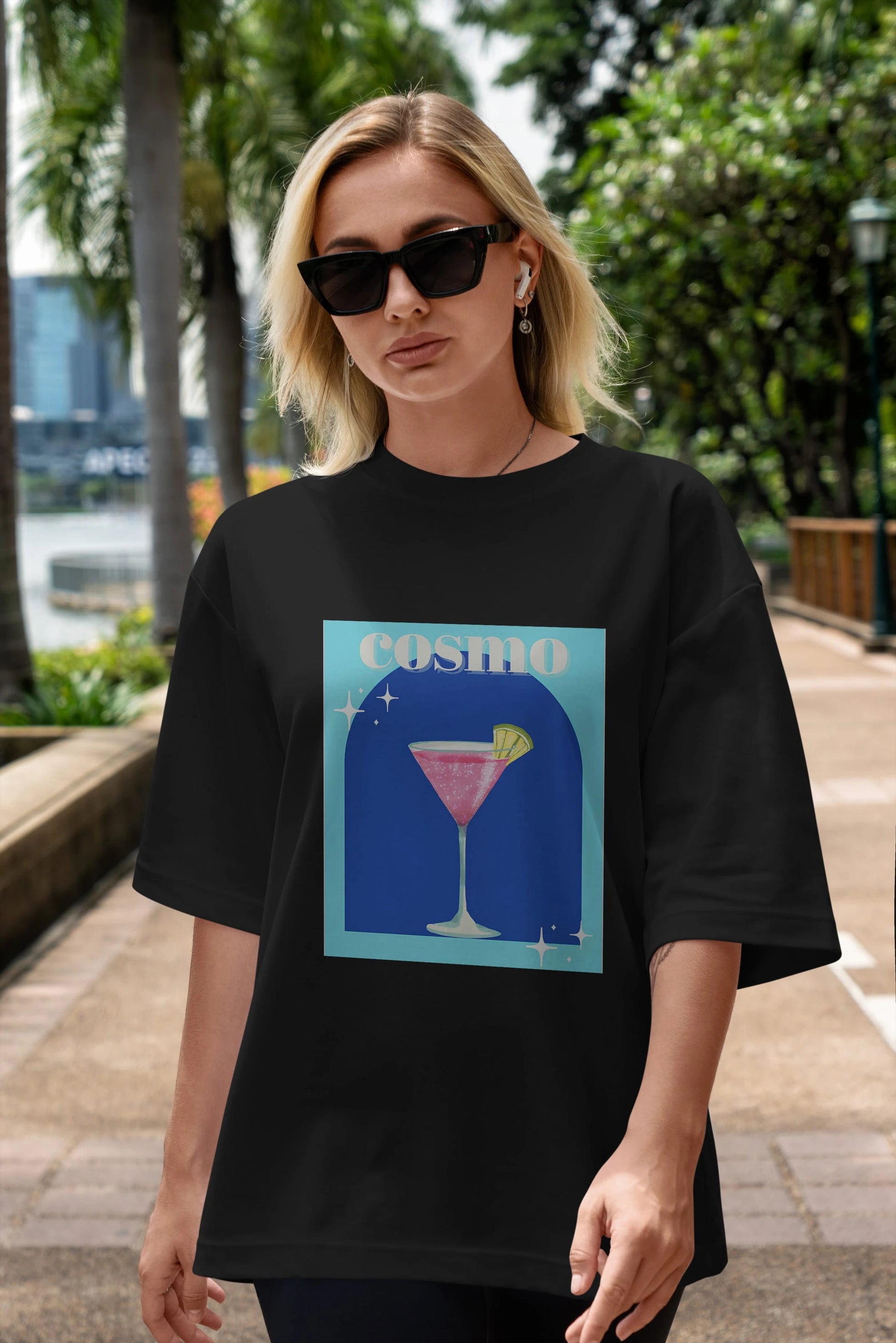 Cosmopolitan 2 Ön Baskılı Oversize t-shirt Erkek Kadın Unisex %100 Pamuk Bisiklet Yaka tişort